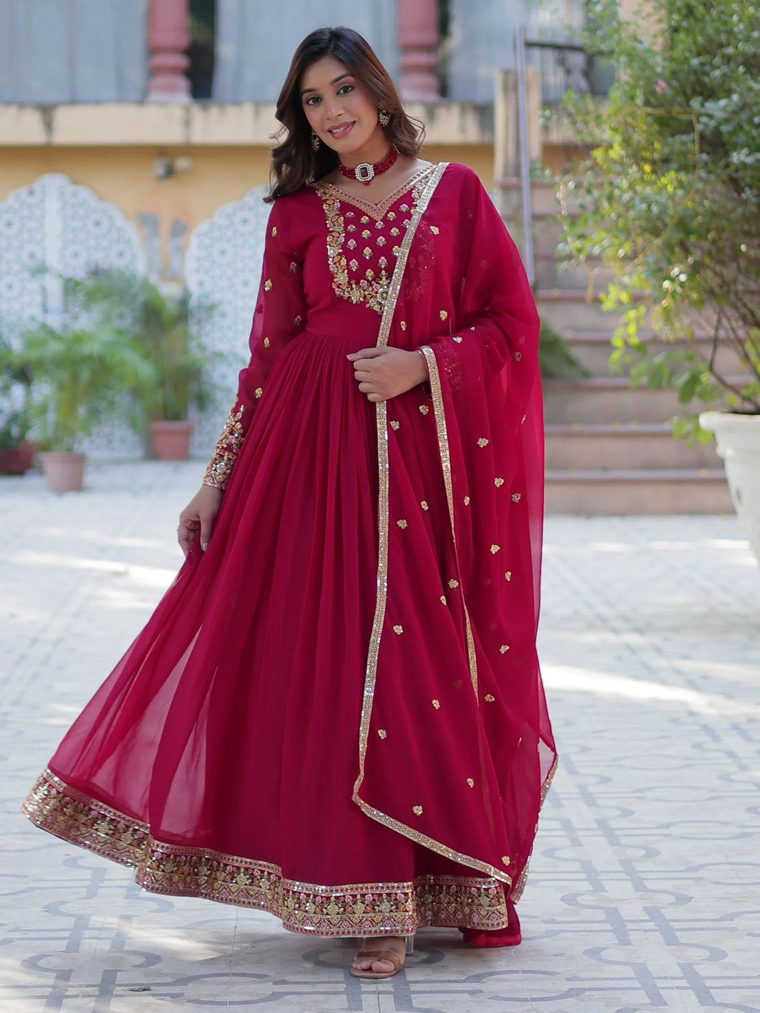 Gorgeous Pink Floral Embroidered Georgette Eid Special Gown With Dupatta - Zeel Clothing