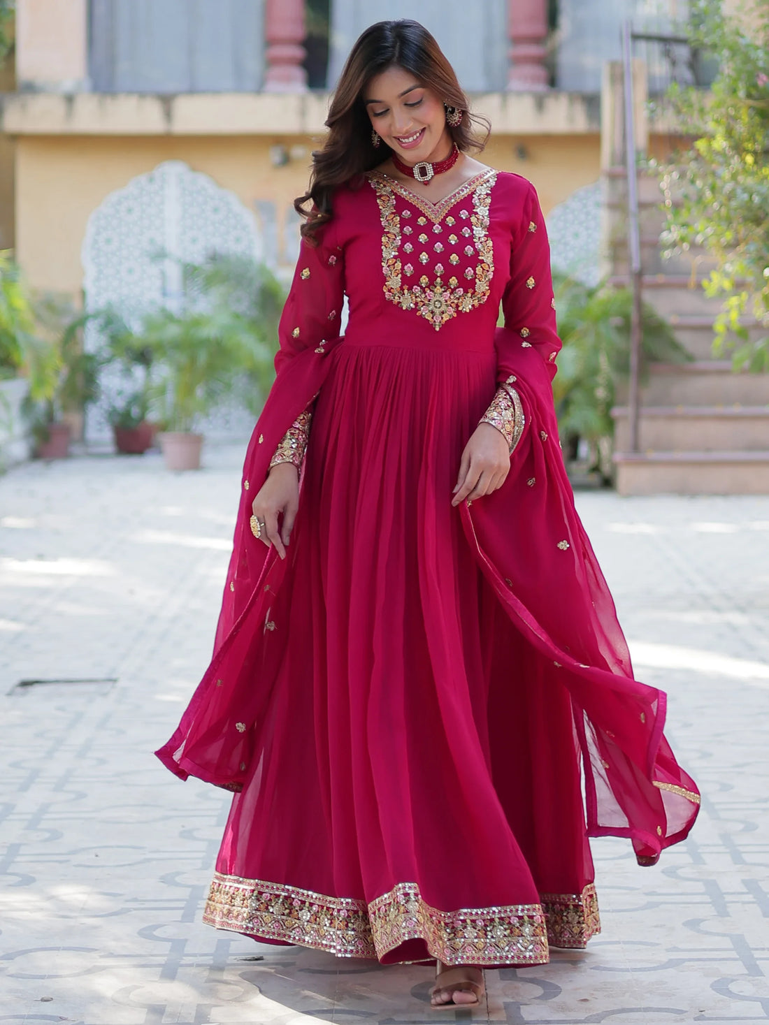 Gorgeous Pink Floral Embroidered Georgette Eid Special Gown With Dupatta - Zeel Clothing
