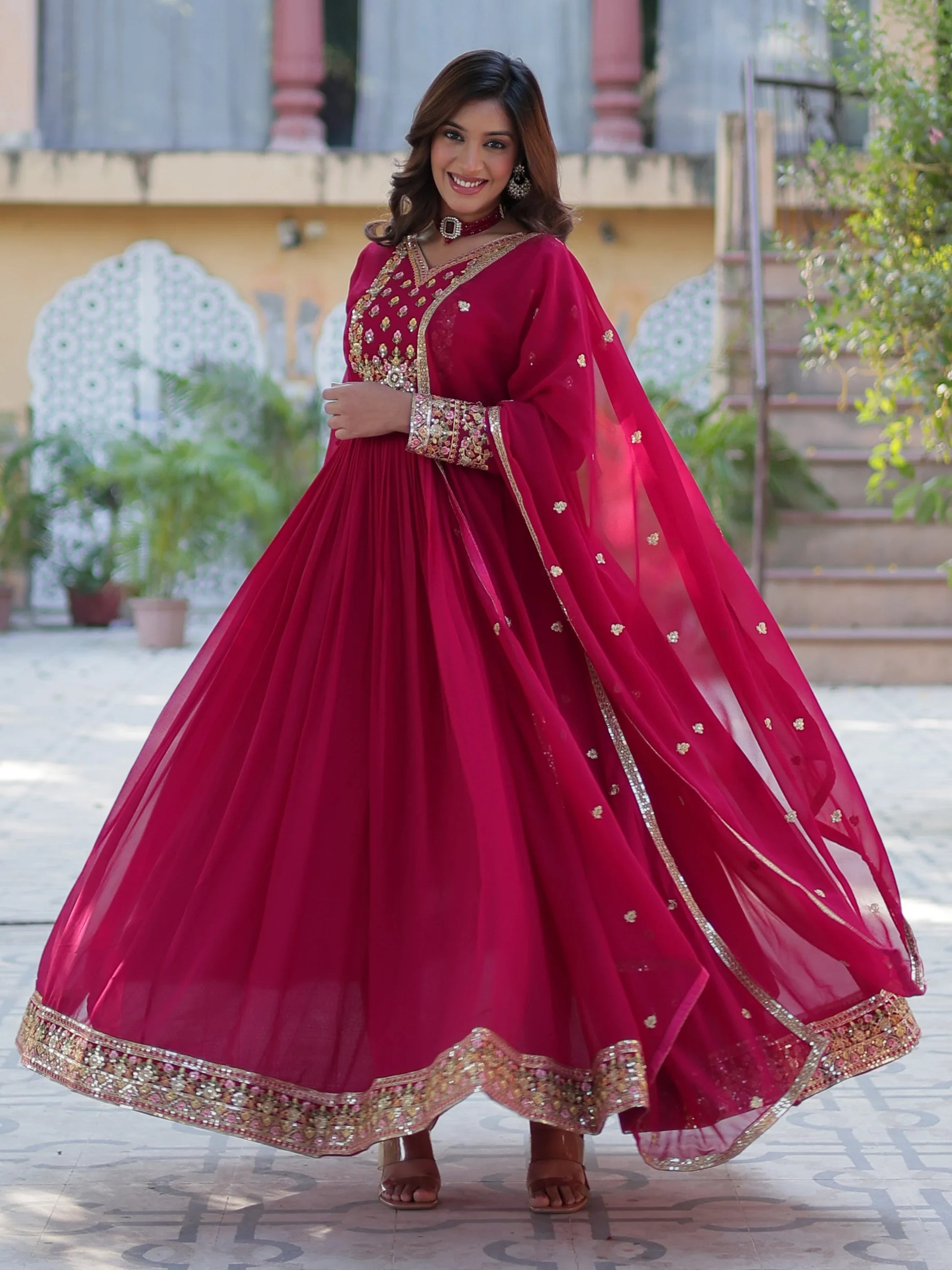 Gorgeous Pink Floral Embroidered Georgette Eid Special Gown With Dupatta - Zeel Clothing