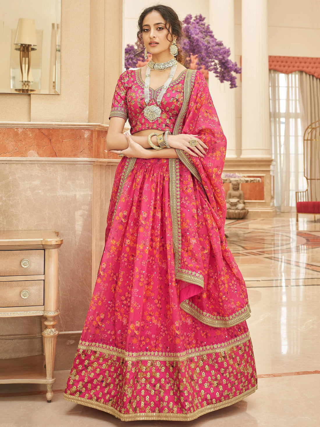 Gorgeous Pink Floral Printed Organza Traditional Lehenga Choli - Zeel Clothing