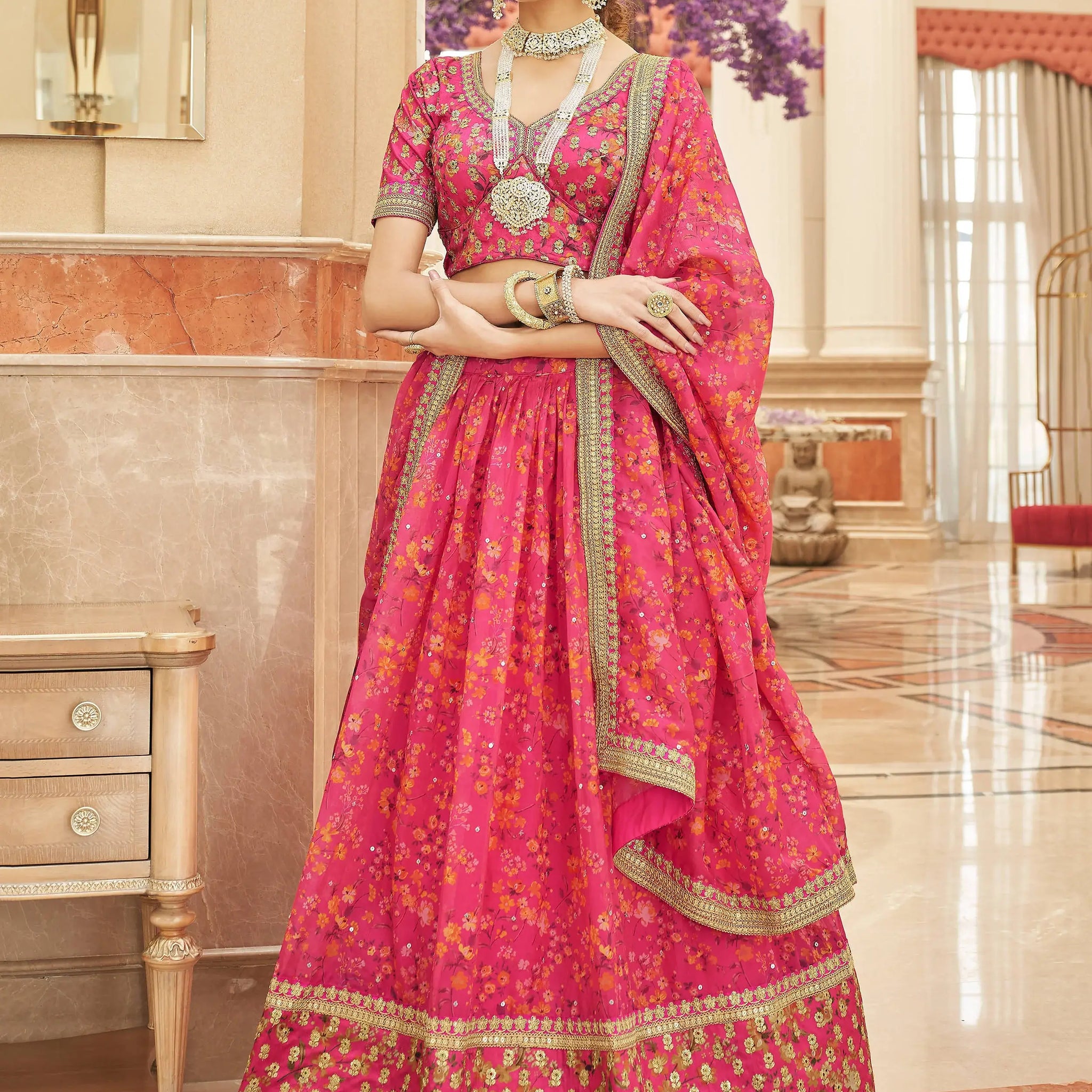 Gorgeous Pink Floral Printed Organza Traditional Lehenga Choli - Zeel Clothing