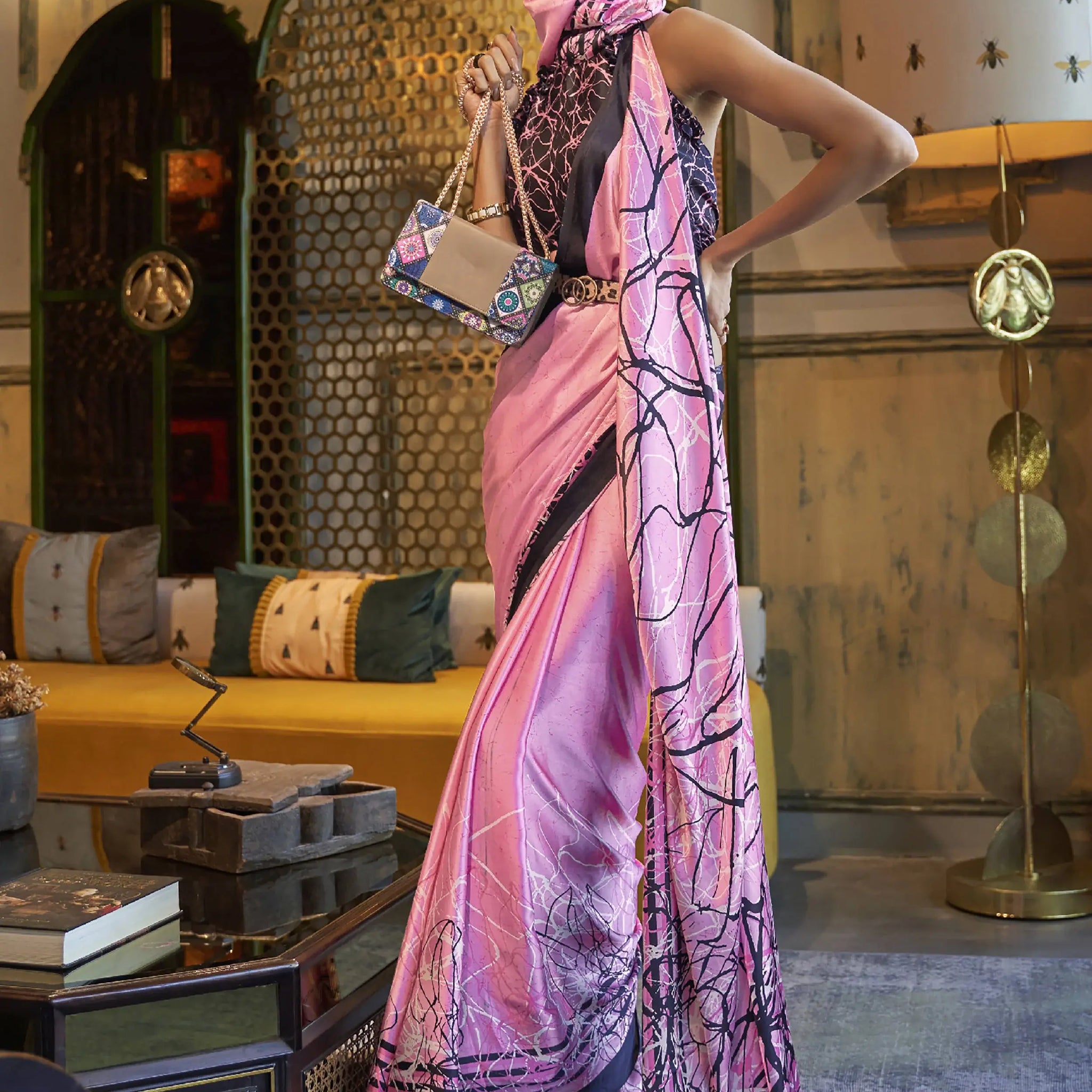 Gorgeous Pink Printed Satin Festival Wear Saree With Blouse - Zeel Clothing