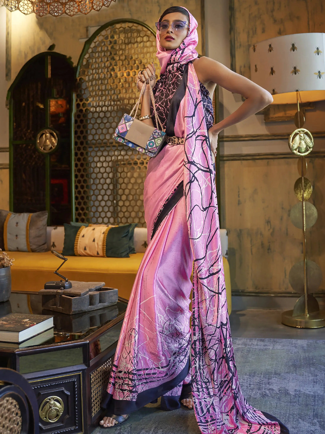Gorgeous Pink Printed Satin Festival Wear Saree With Blouse - Zeel Clothing