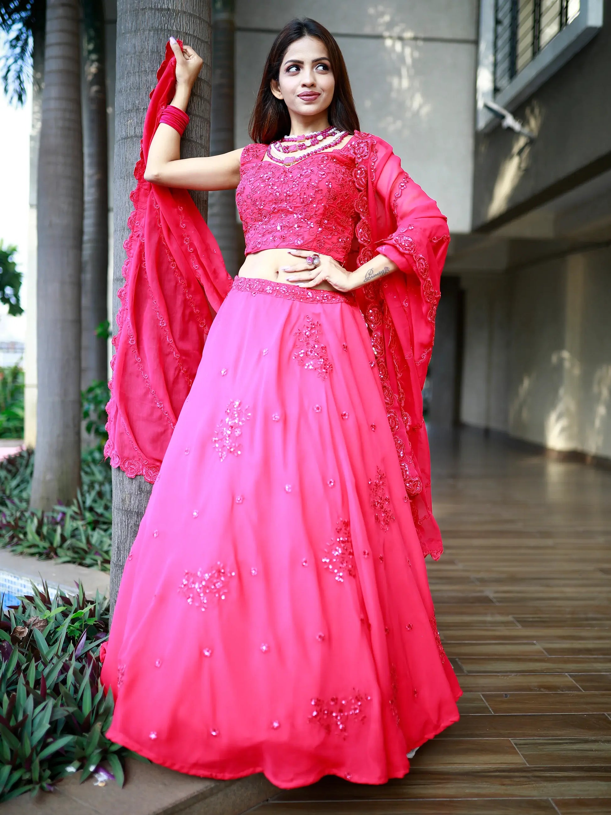 Gorgeous Pink Sequins Georgette Lehenga Choli With Dupatta - Zeel Clothing