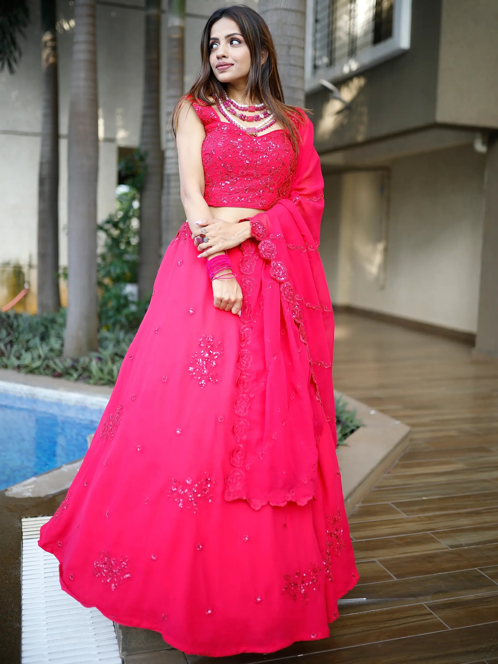 Gorgeous Pink Sequins Georgette Lehenga Choli With Dupatta - Zeel Clothing