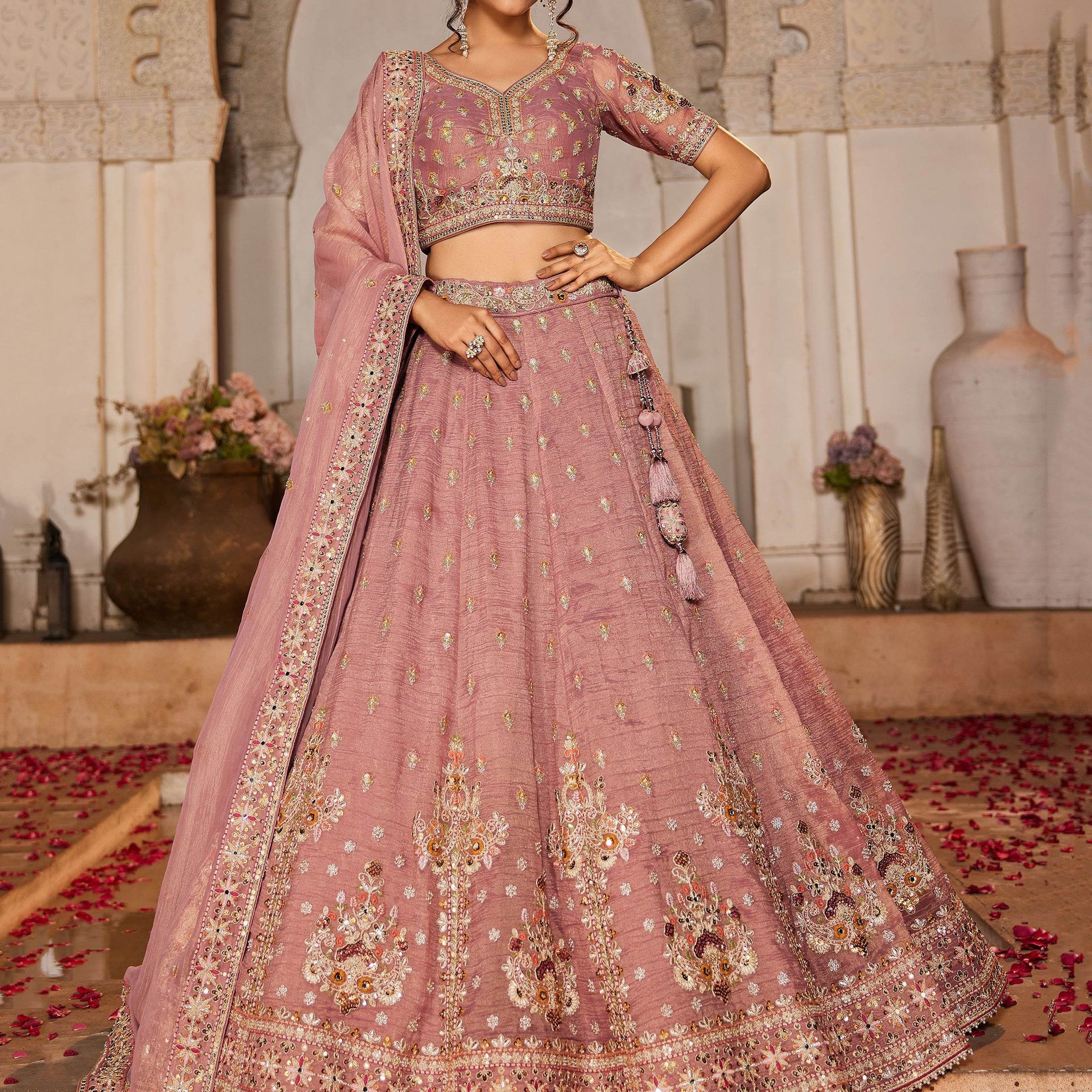 Gorgeous Pink Sequins Tissue Silk Engagement Wear Lehenga Choli - Zeel Clothing