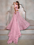 Gorgeous Pink Thread Embroidery Net Wedding Lehenga Choli With Dupatta - Zeel Clothing