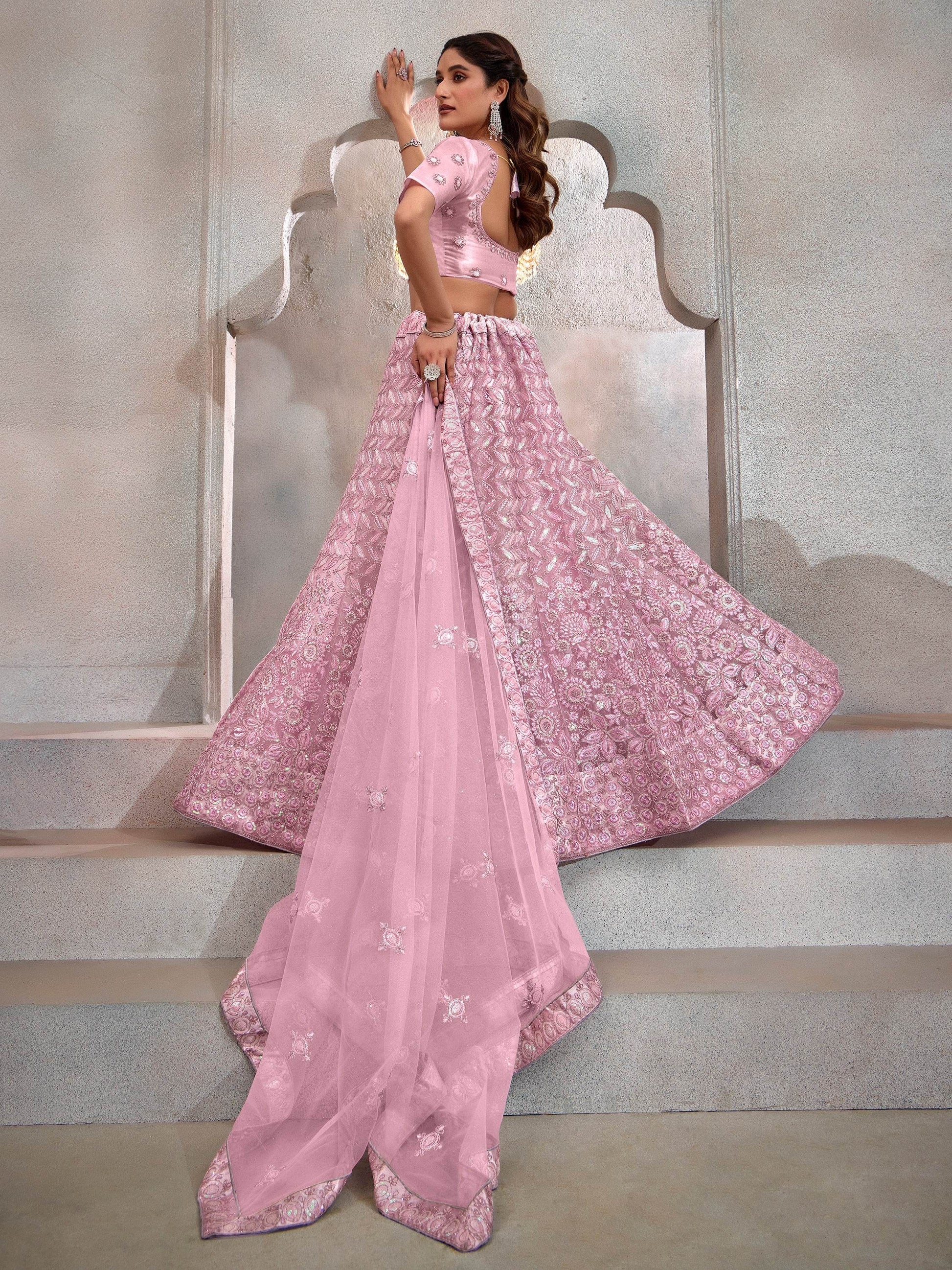 Gorgeous Pink Thread Embroidery Net Wedding Lehenga Choli With Dupatta - Zeel Clothing