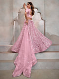 Gorgeous Pink Thread Embroidery Net Wedding Lehenga Choli With Dupatta - Zeel Clothing