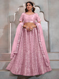 Gorgeous Pink Thread Embroidery Net Wedding Lehenga Choli With Dupatta - Zeel Clothing