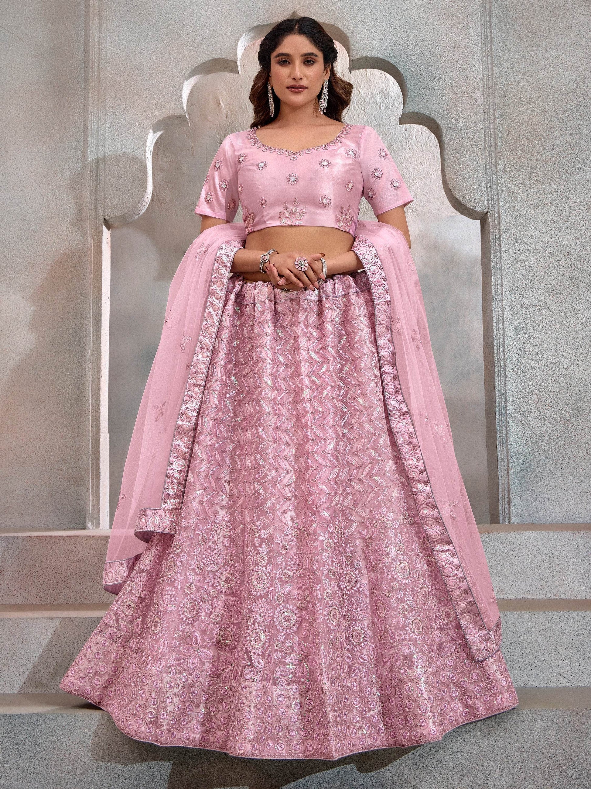 Gorgeous Pink Thread Embroidery Net Wedding Lehenga Choli With Dupatta - Zeel Clothing