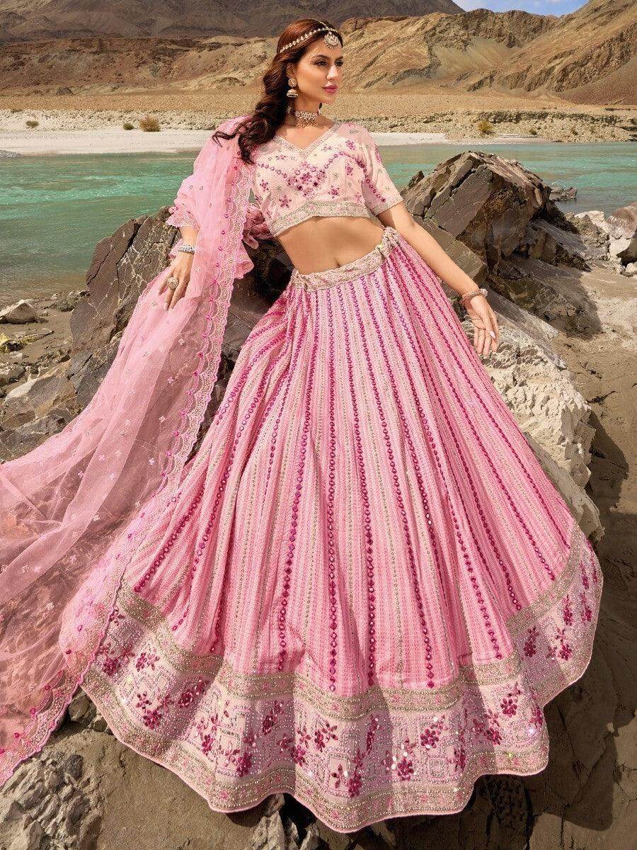 Gorgeous Pink Thread Work Georgette Lehenga Choli With Dupatta - Zeel Clothing