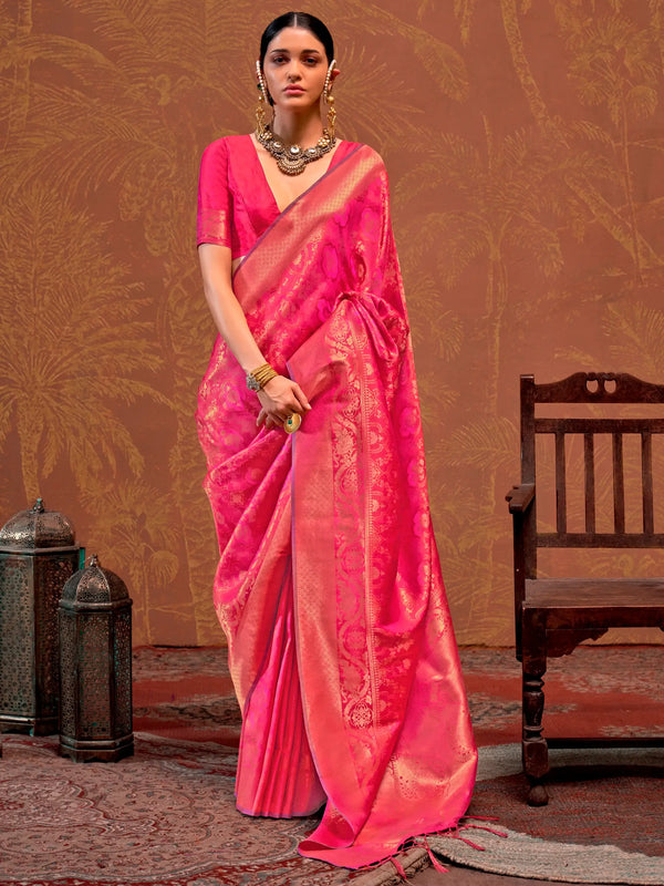 Gorgeous Pink Zari Weaving Silk Festival Wear Saree With Blouse - Zeel Clothing