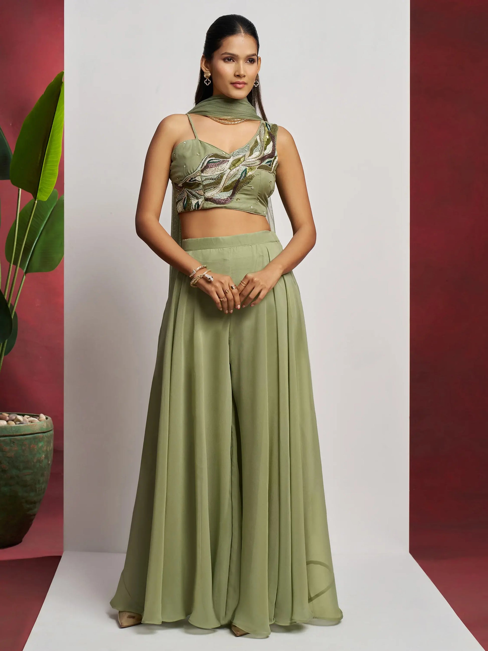 Gorgeous Pista Green Khatli Work Georgette Party Wear Crop Top Palazzo - Zeel Clothing