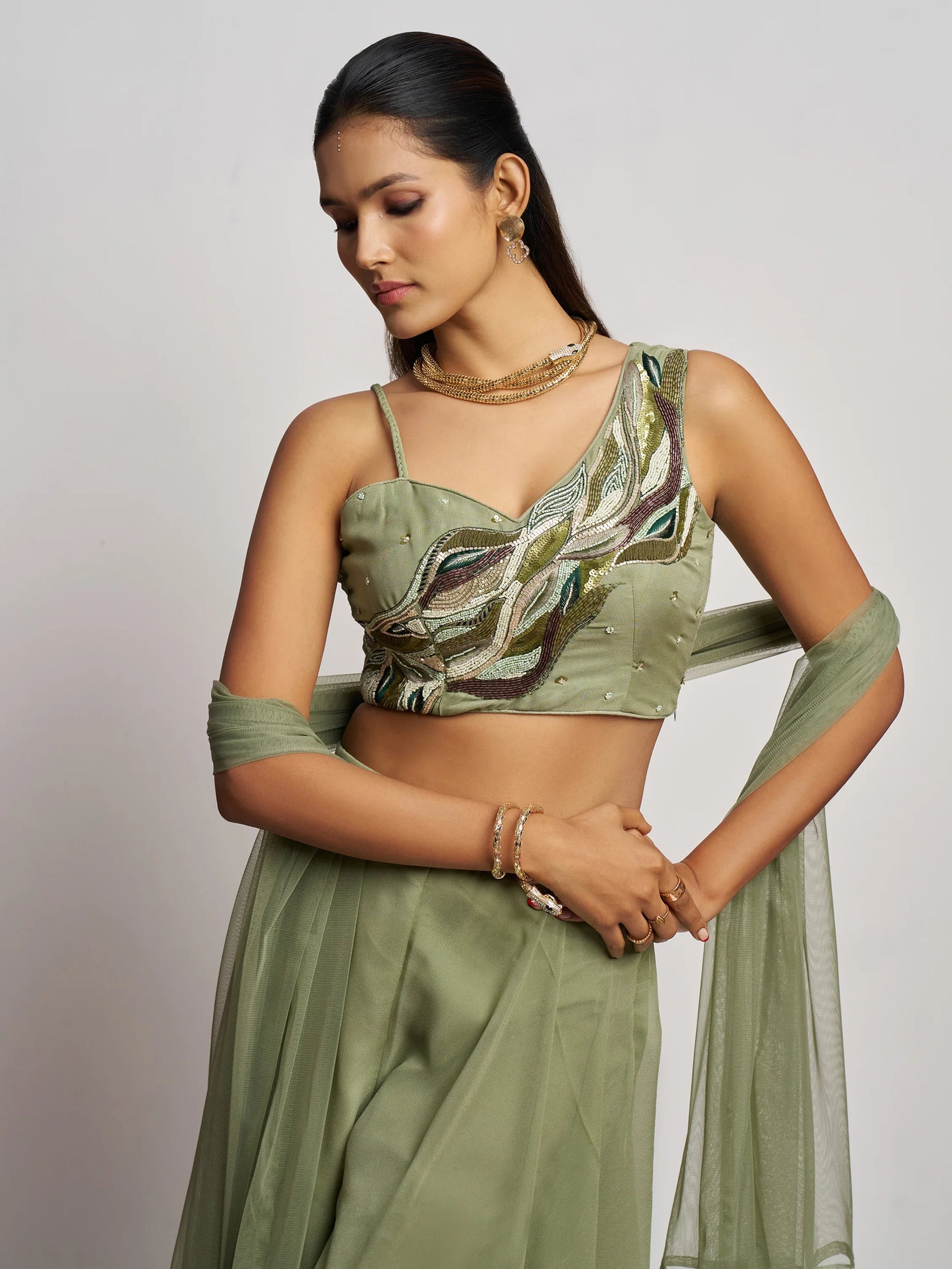 Gorgeous Pista Green Khatli Work Georgette Party Wear Crop Top Palazzo - Zeel Clothing