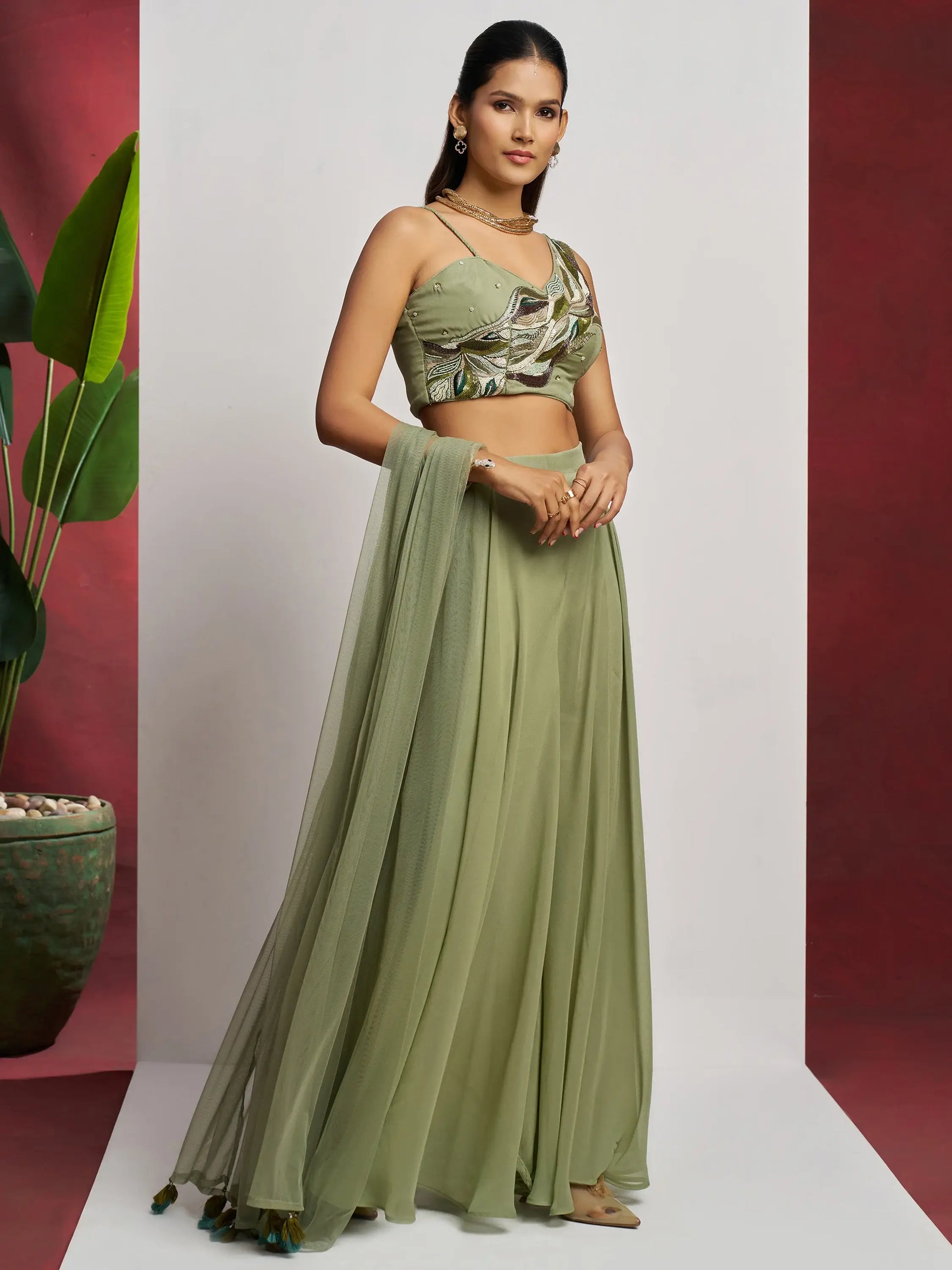 Gorgeous Pista Green Khatli Work Georgette Party Wear Crop Top Palazzo - Zeel Clothing