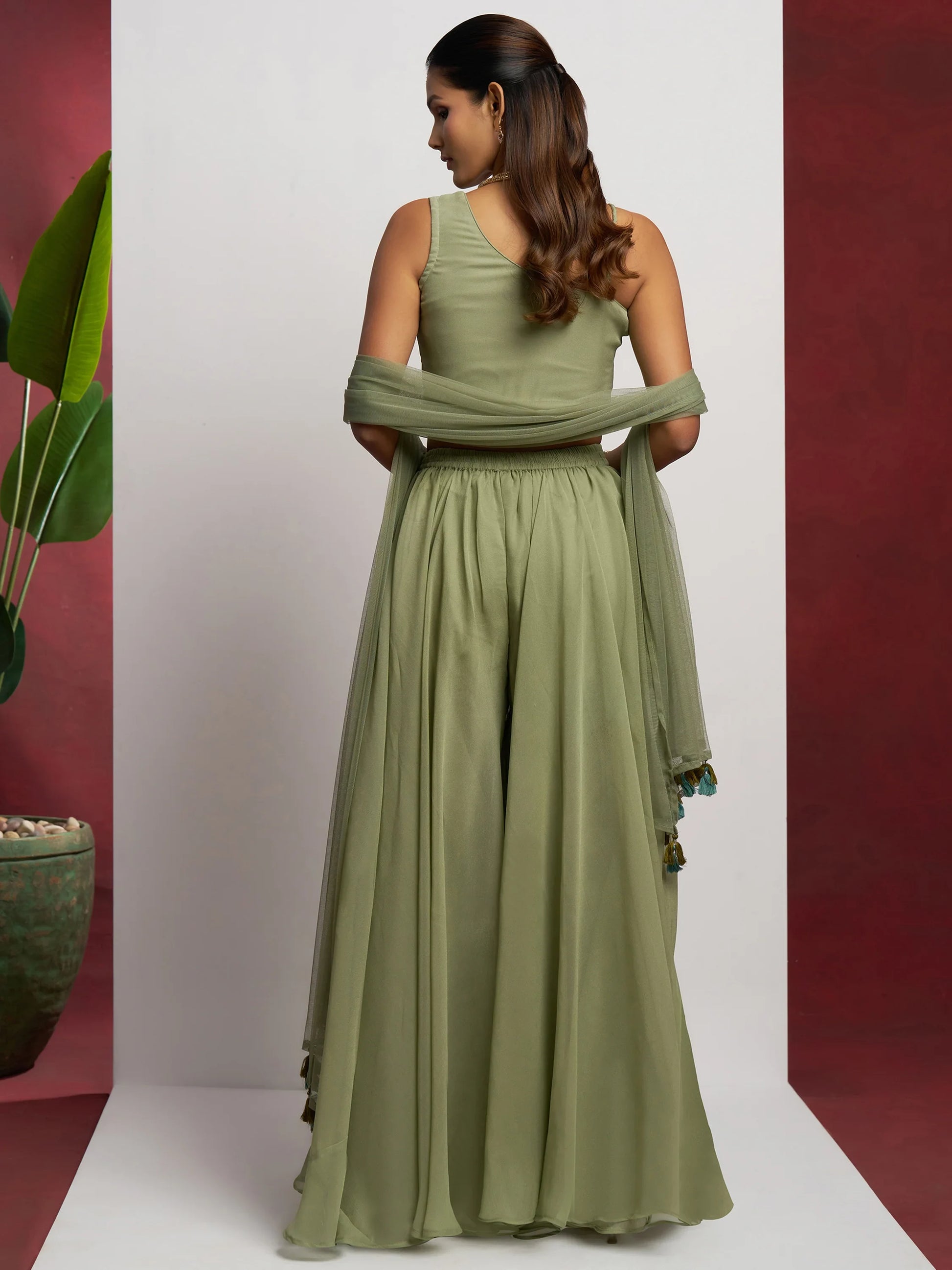 Gorgeous Pista Green Khatli Work Georgette Party Wear Crop Top Palazzo - Zeel Clothing