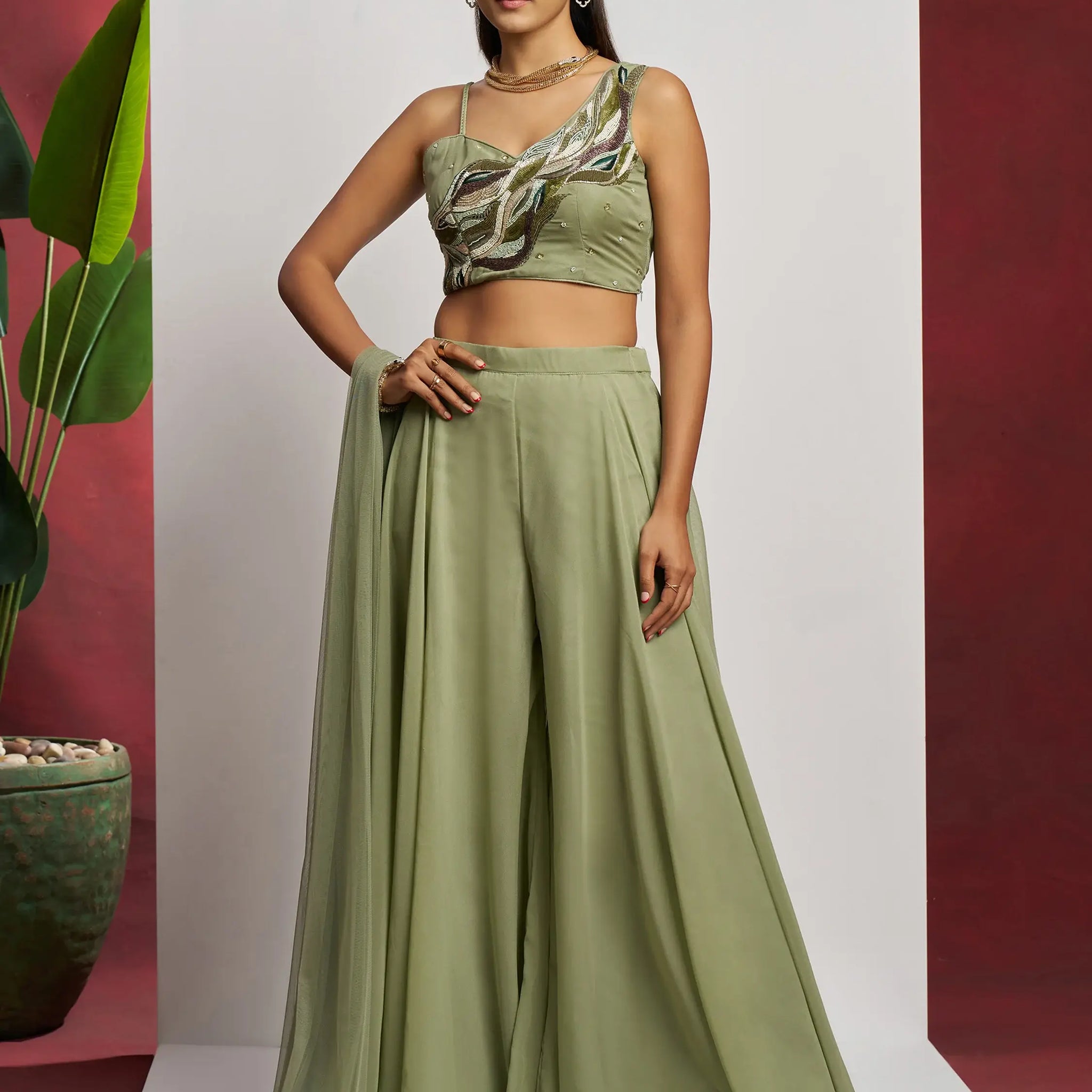 Gorgeous Pista Green Khatli Work Georgette Party Wear Crop Top Palazzo - Zeel Clothing