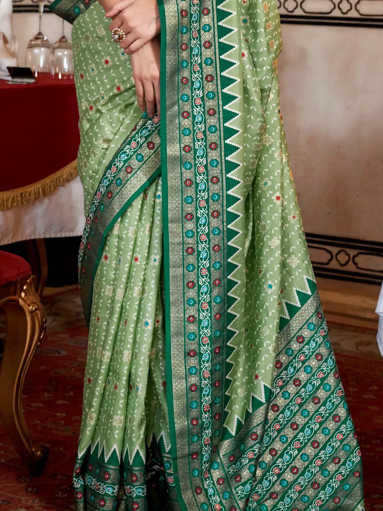 Gorgeous Pista Green Printed Silk Event Wear Saree With Blouse - Zeel Clothing