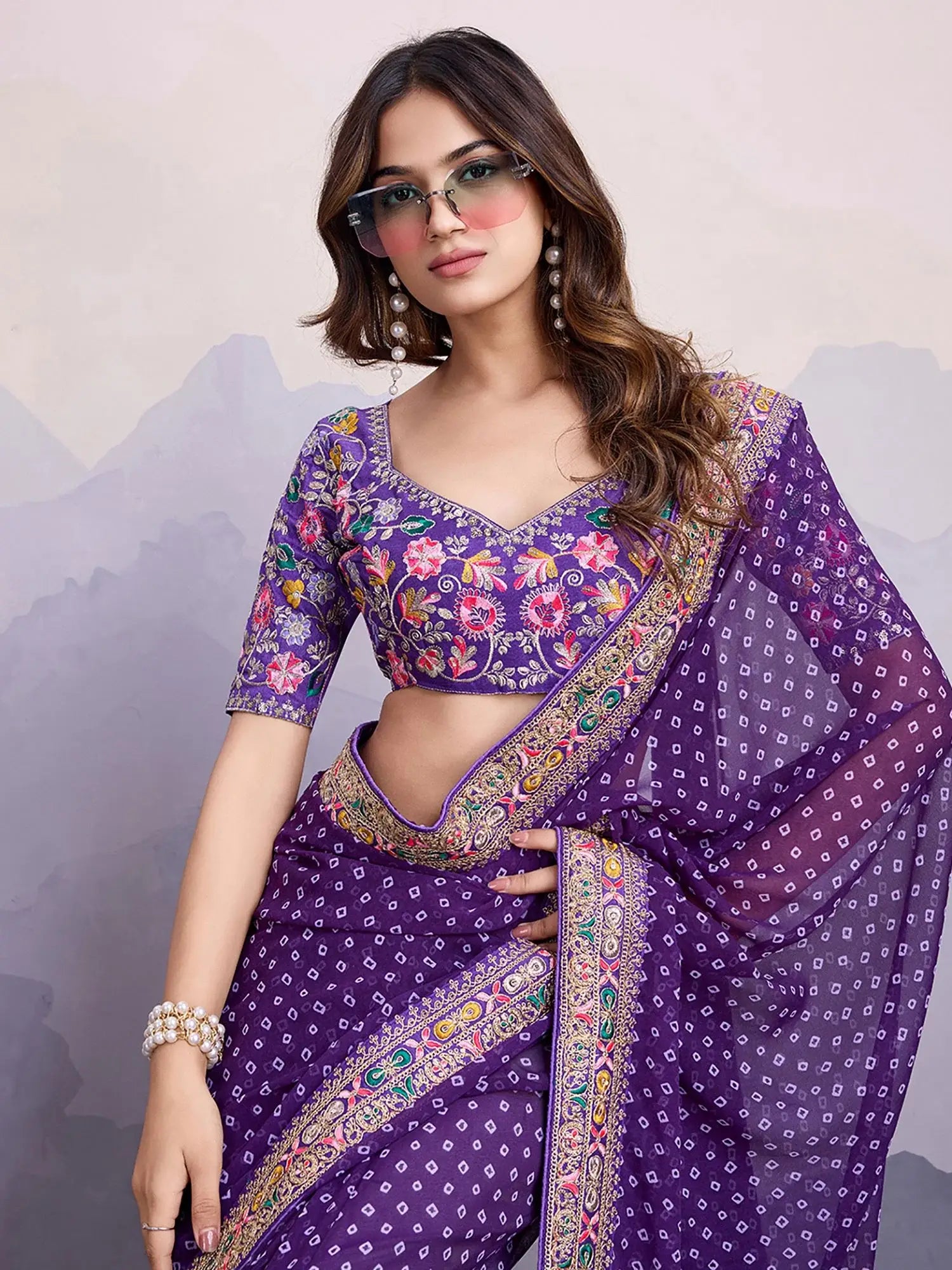 Gorgeous Purple Bandhani Printed Georgette Festive Wear Saree With Blouse - Zeel Clothing