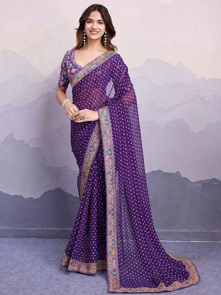 Gorgeous Purple Bandhani Printed Georgette Festive Wear Saree With Blouse - Zeel Clothing