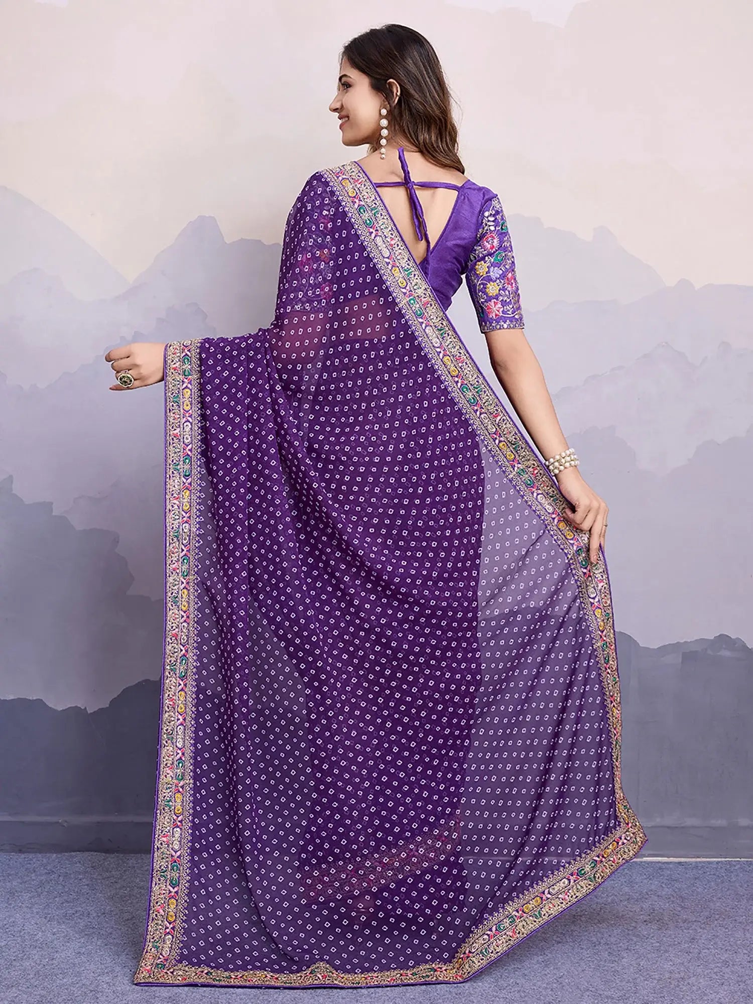 Gorgeous Purple Bandhani Printed Georgette Festive Wear Saree With Blouse - Zeel Clothing