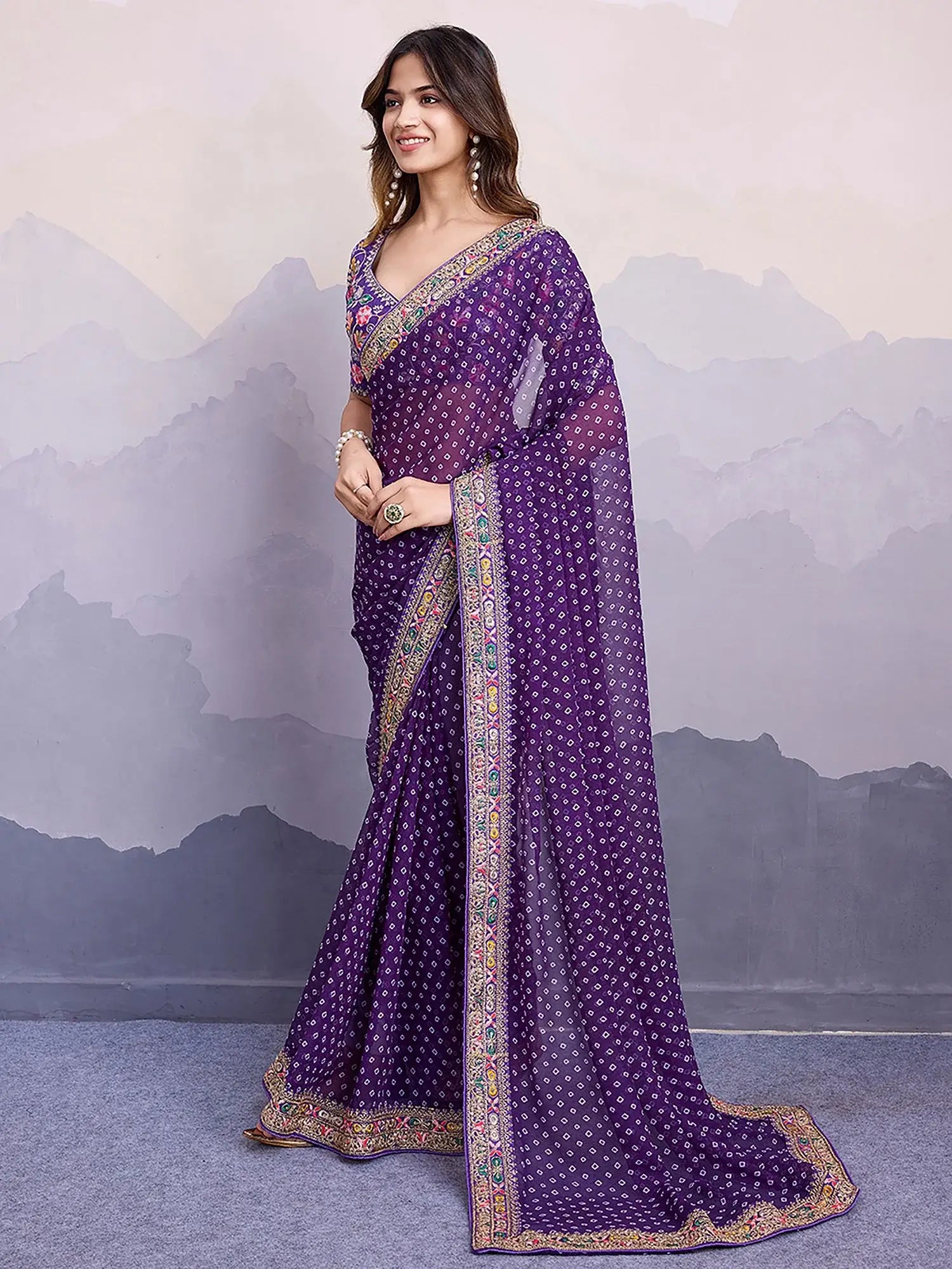 Gorgeous Purple Bandhani Printed Georgette Festive Wear Saree With Blouse - Zeel Clothing