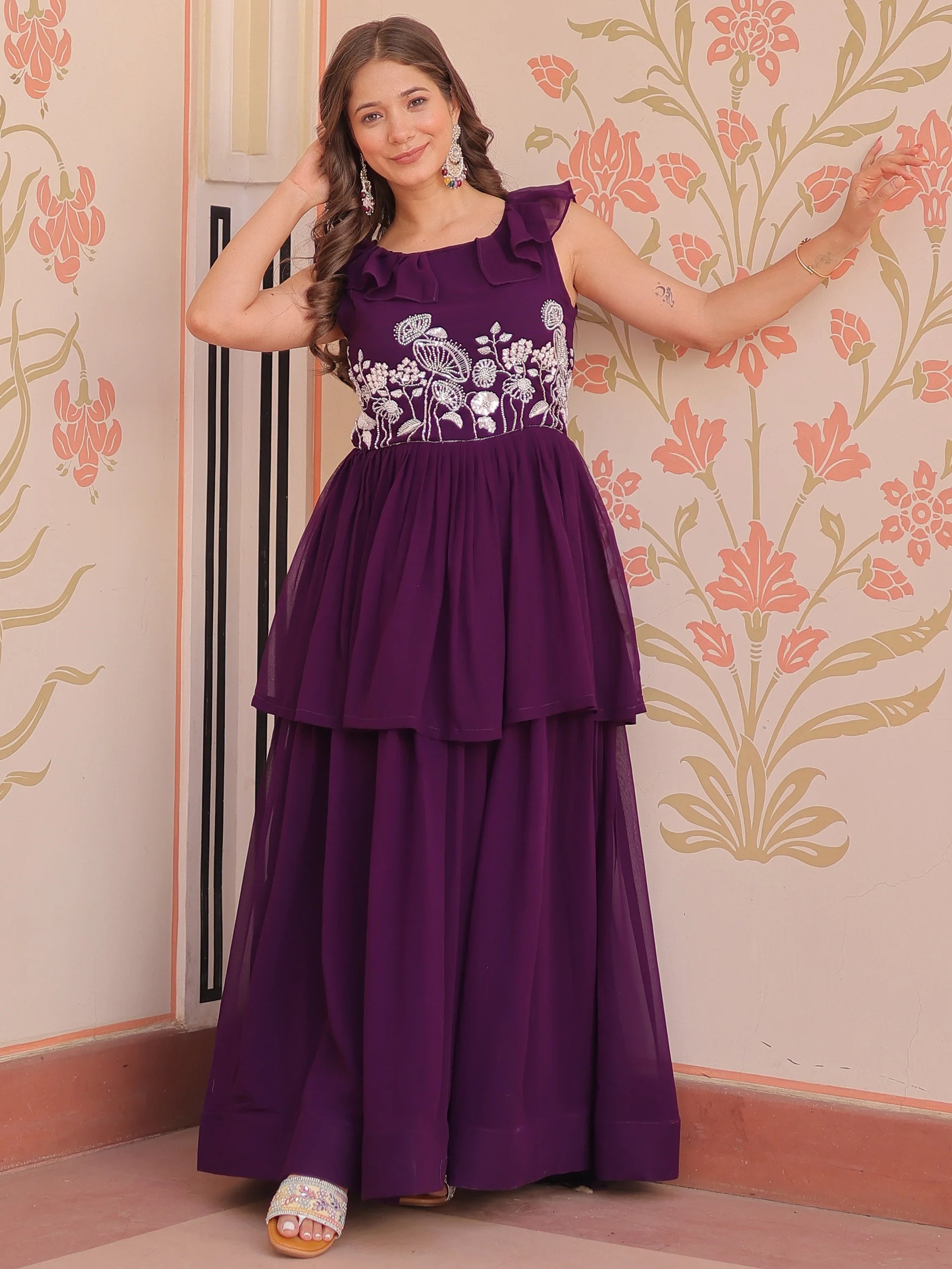 Gorgeous Purple Beads Work Organza Festival Wear Gown - Zeel Clothing