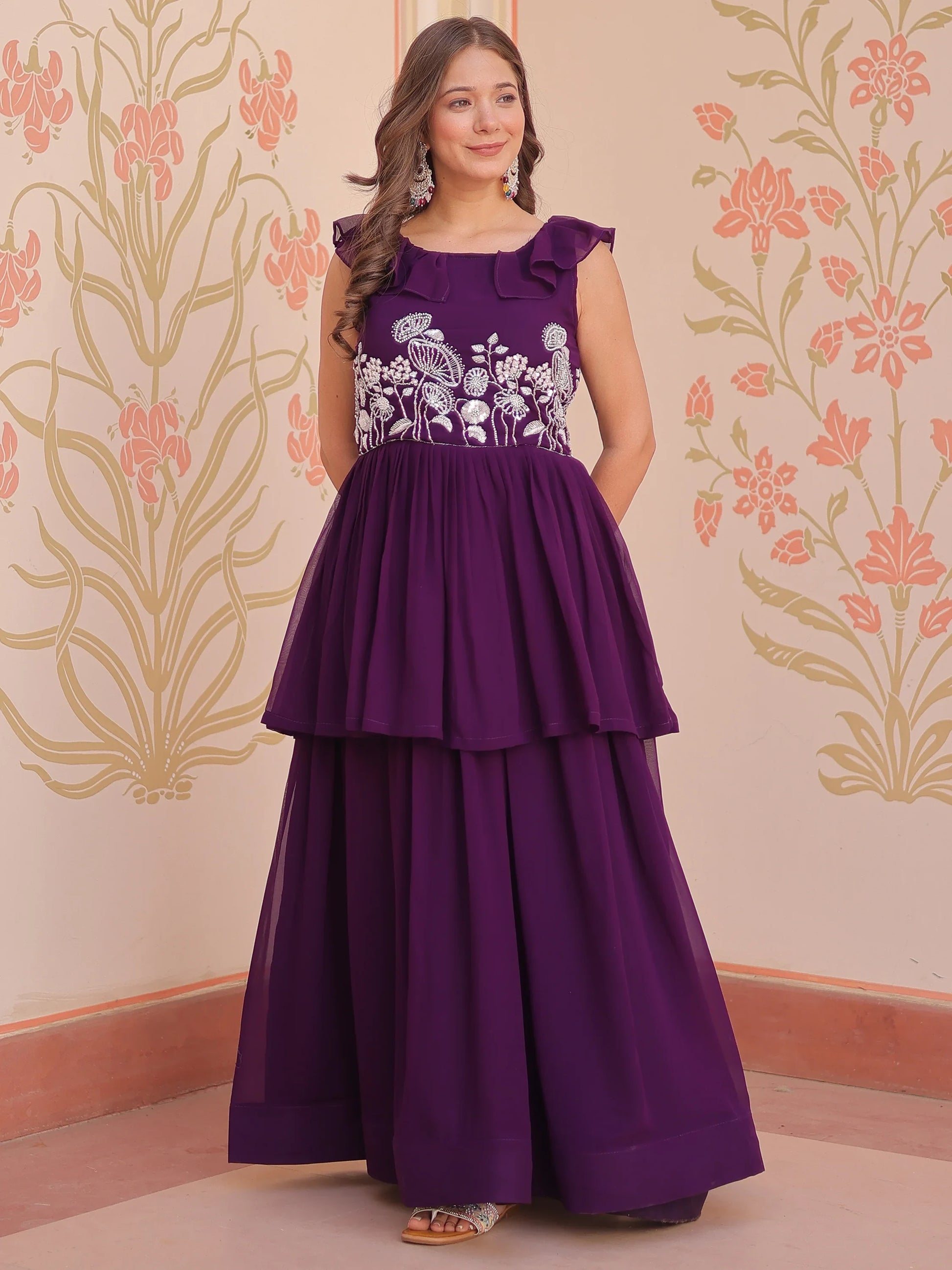 Gorgeous Purple Beads Work Organza Festival Wear Gown - Zeel Clothing