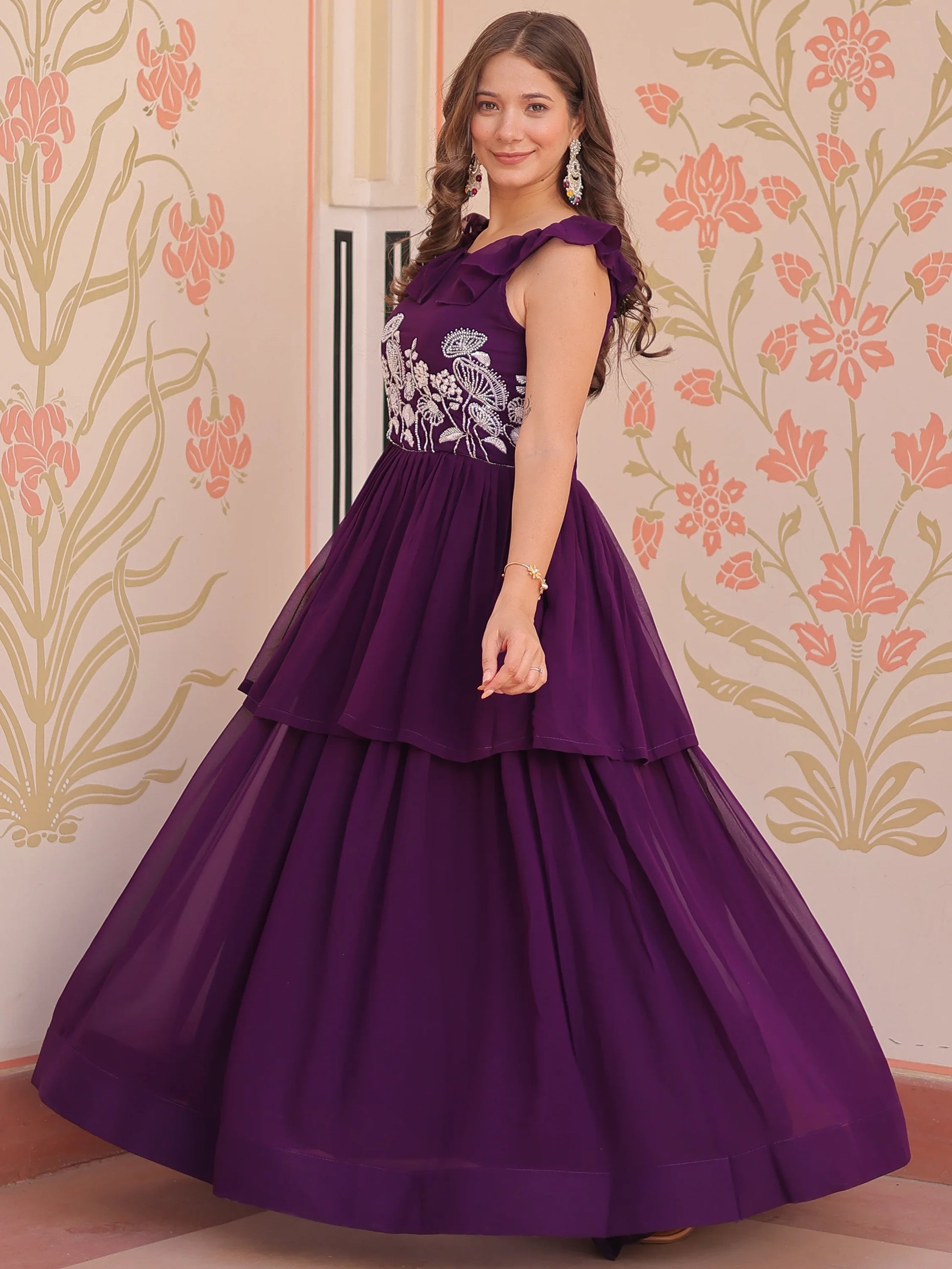 Gorgeous Purple Beads Work Organza Festival Wear Gown - Zeel Clothing