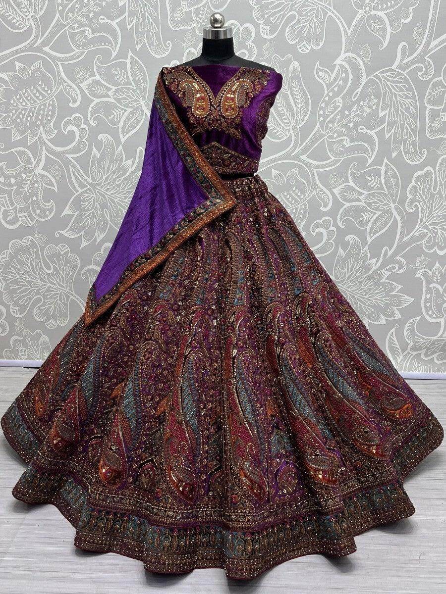 Gorgeous Purple Embroidered Velvet Lehenga Choli With Double Dupatta - Zeel Clothing