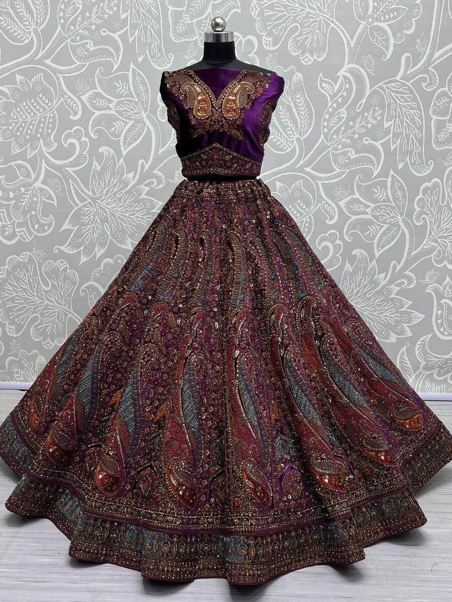 Gorgeous Purple Embroidered Velvet Lehenga Choli With Double Dupatta - Zeel Clothing