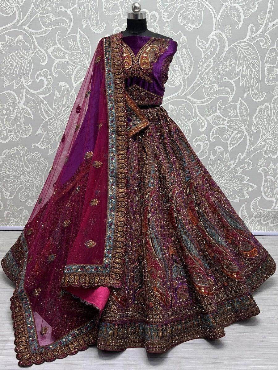 Gorgeous Purple Embroidered Velvet Lehenga Choli With Double Dupatta - Zeel Clothing