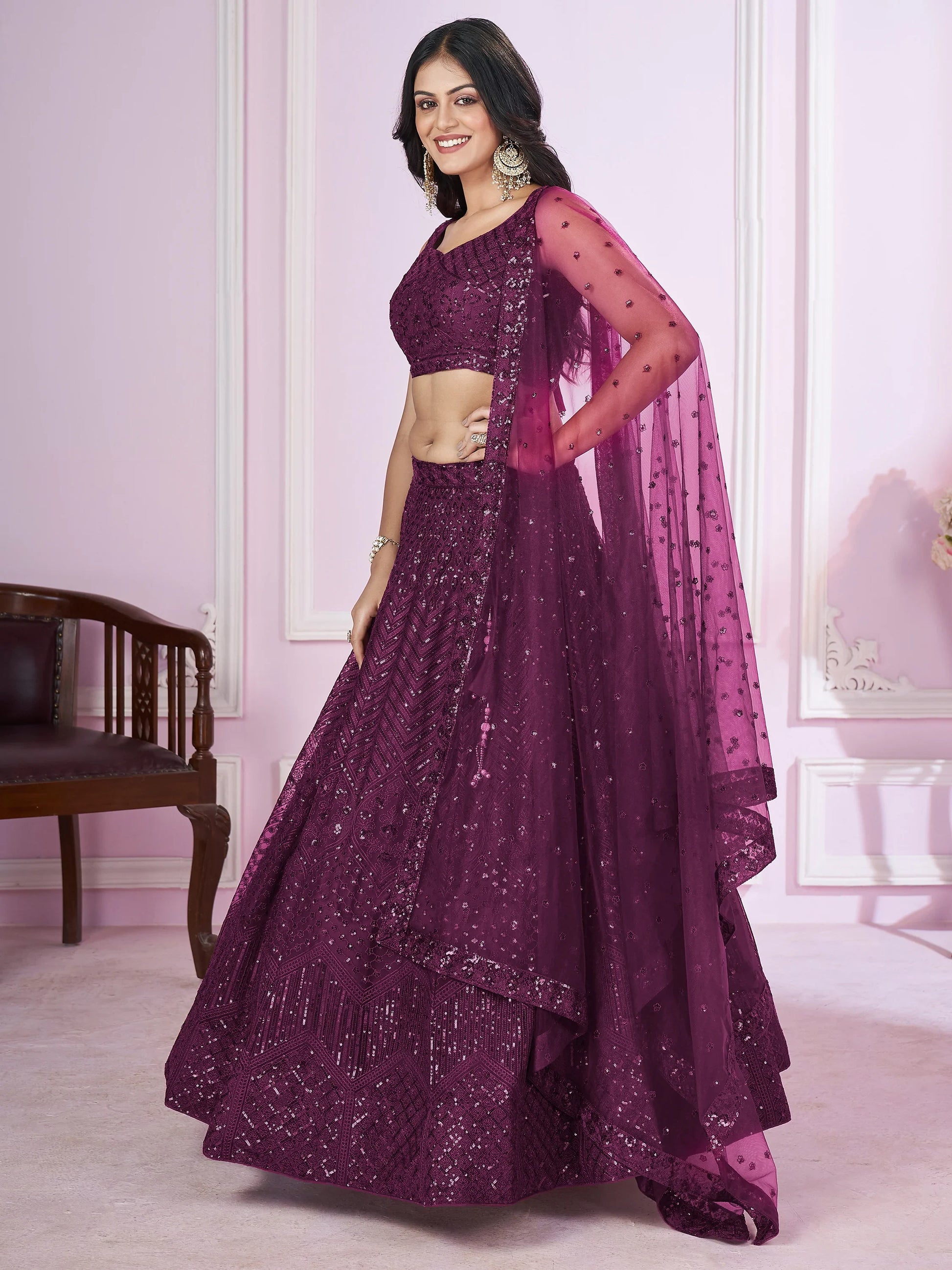 Gorgeous Purple Sequins Net Designer Lehenga Choli With Dupatta - Zeel Clothing