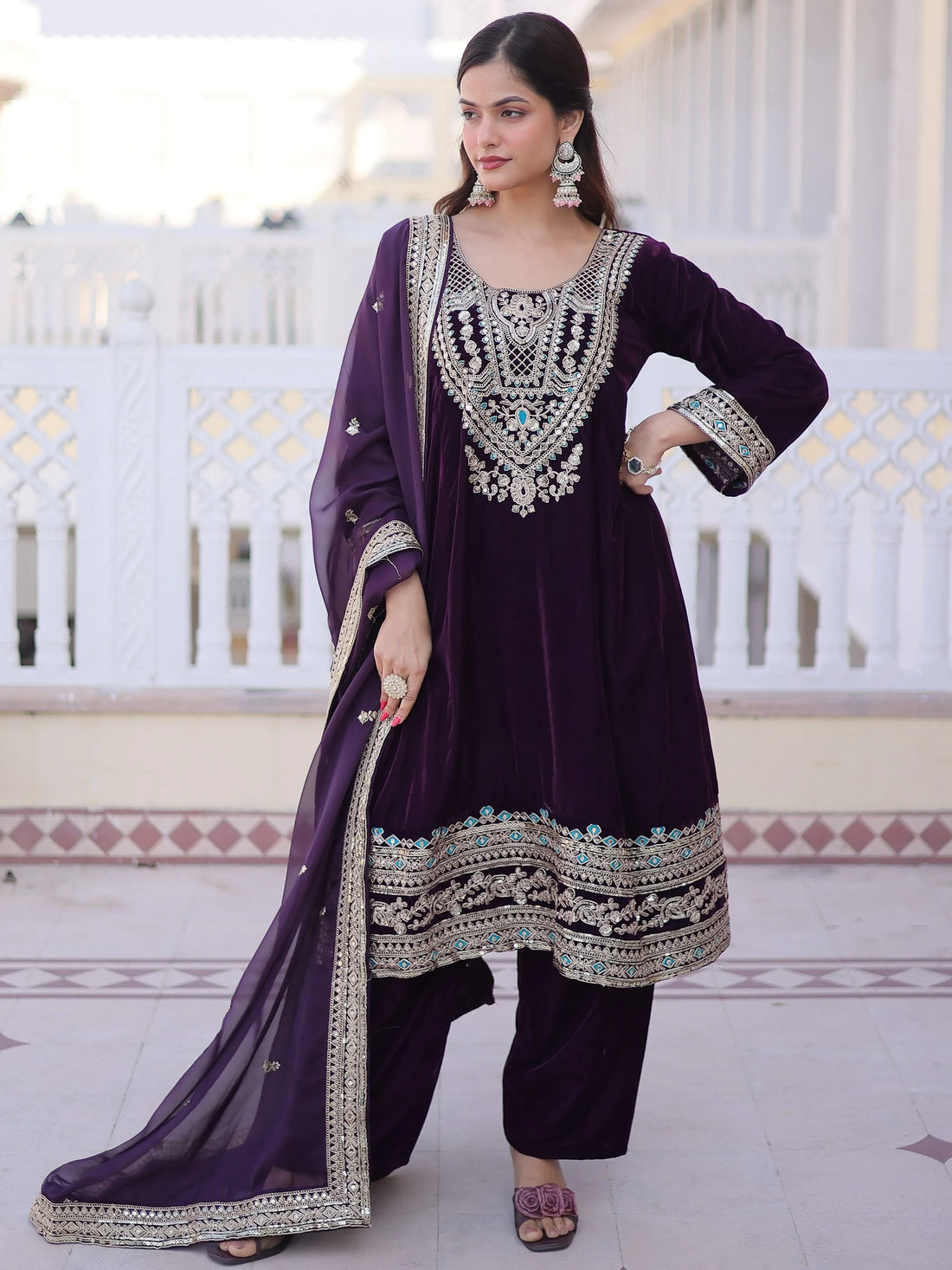 Gorgeous Purple Sequins Work Velvet  Festival Wear Palazzo Suit