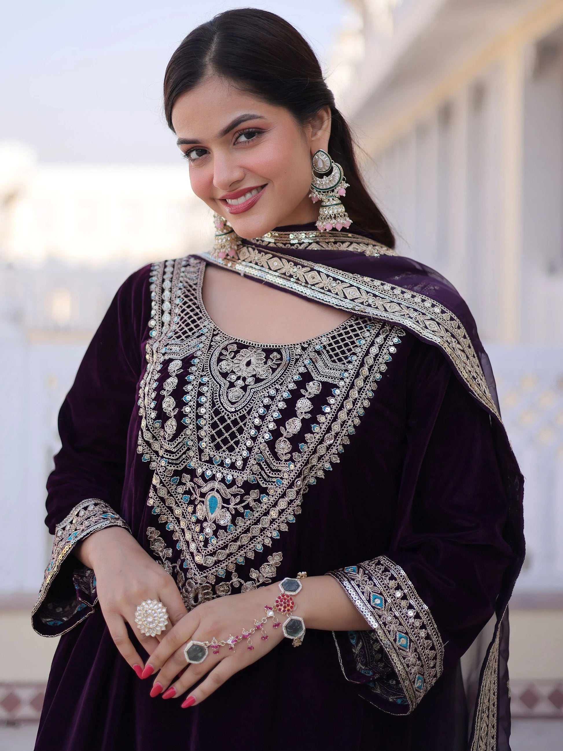 Gorgeous Purple Sequins Work Velvet  Festival Wear Palazzo Suit