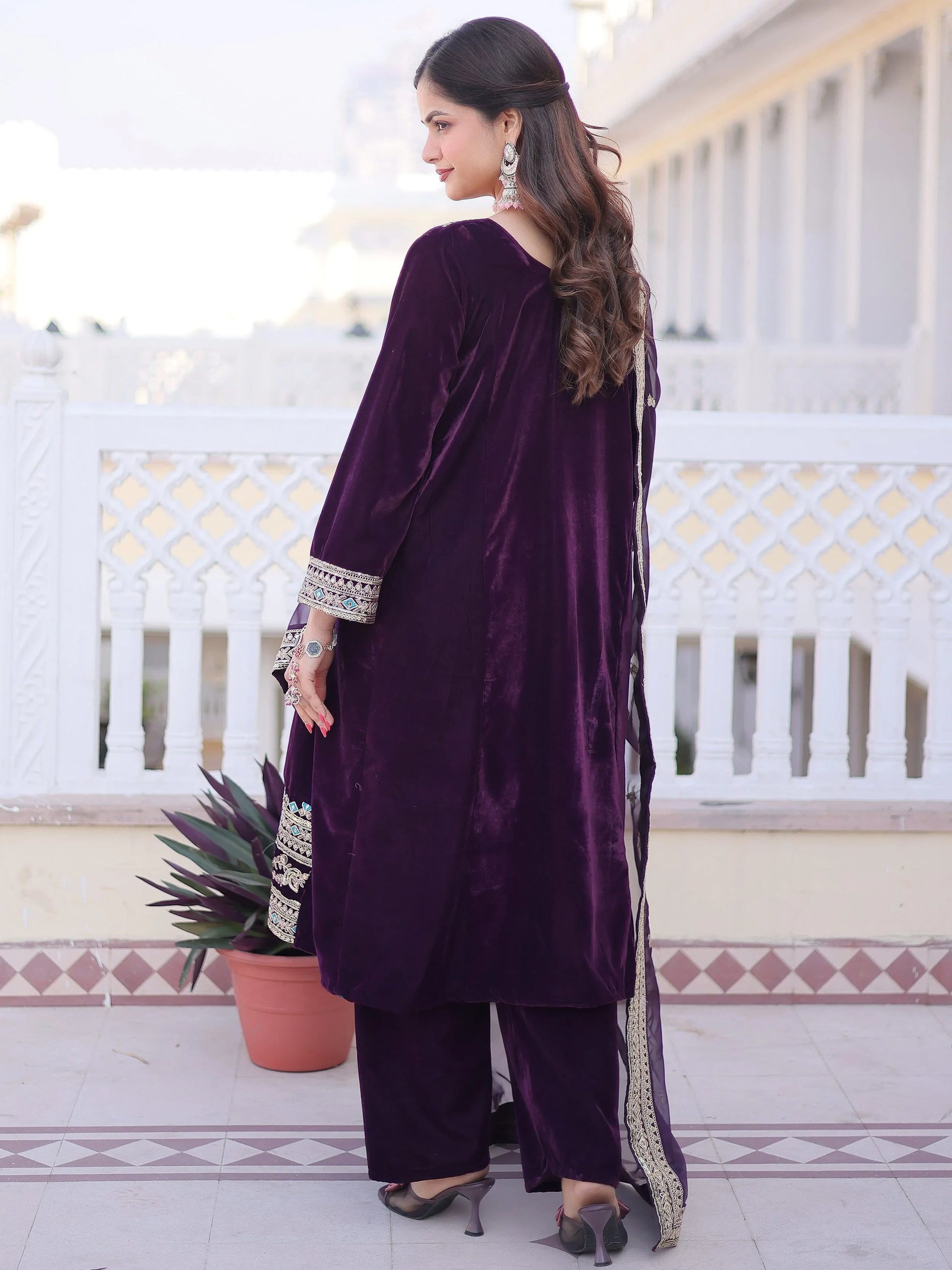 Gorgeous Purple Sequins Work Velvet  Festival Wear Palazzo Suit