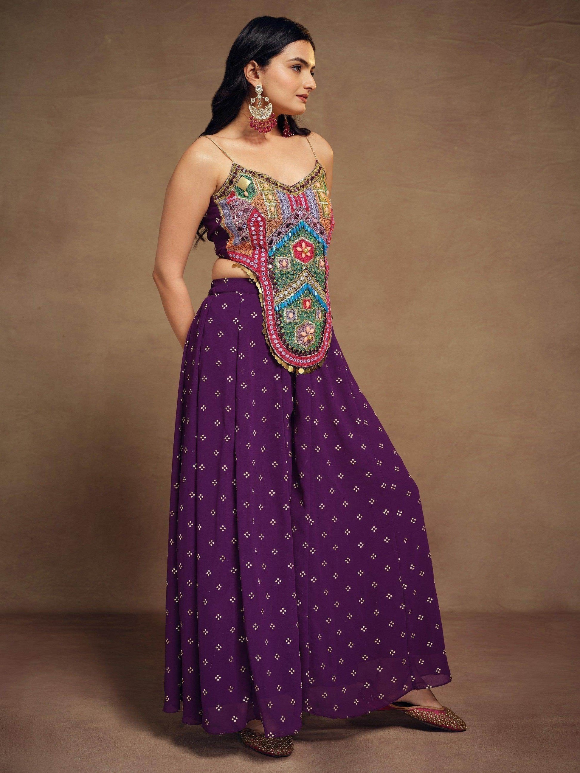 Gorgeous Purple Thread Work Georgette Festival Wear Crop Top Palazzo - Zeel Clothing