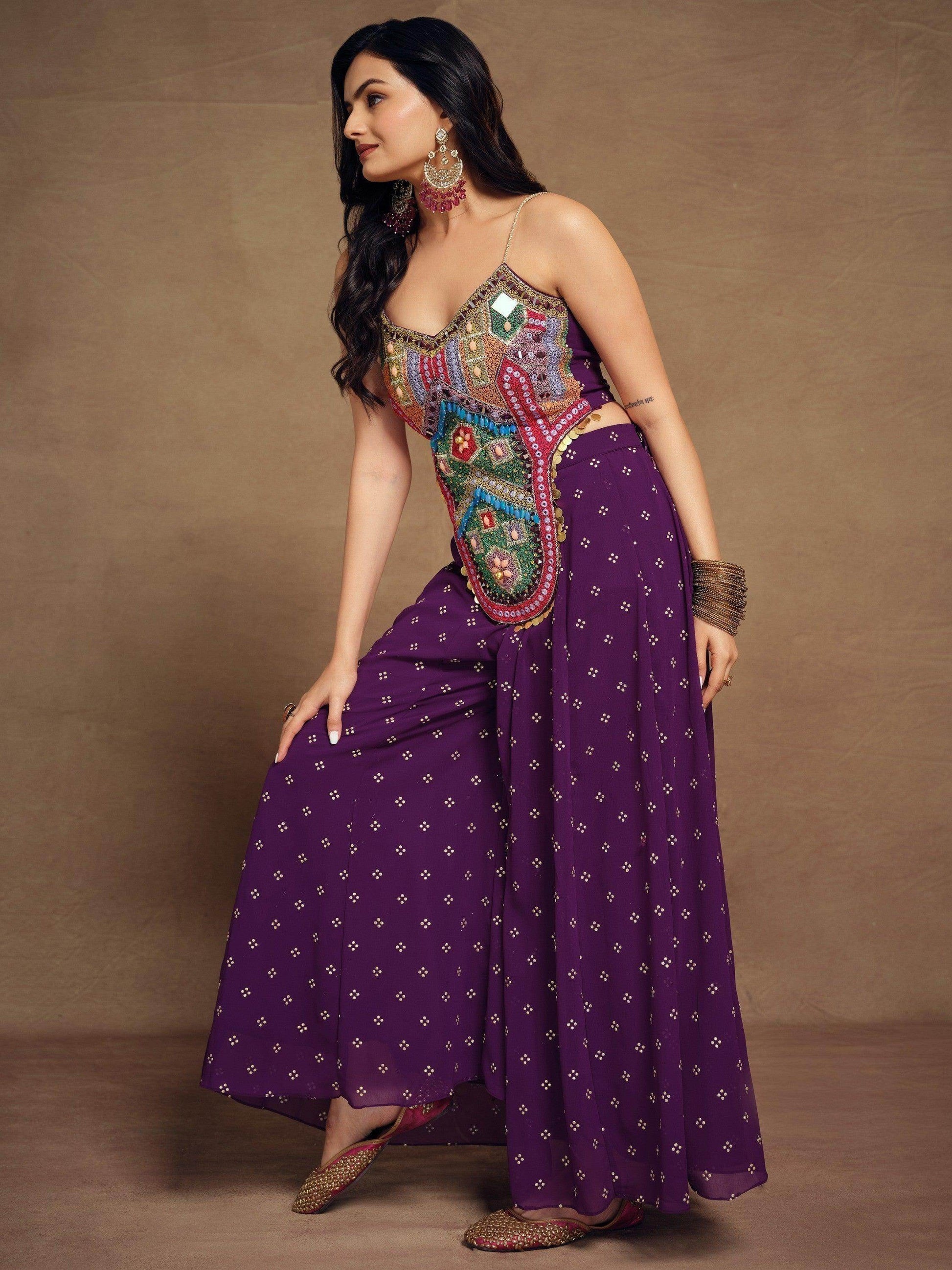 Gorgeous Purple Thread Work Georgette Festival Wear Crop Top Palazzo - Zeel Clothing