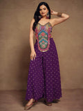Gorgeous Purple Thread Work Georgette Festival Wear Crop Top Palazzo - Zeel Clothing