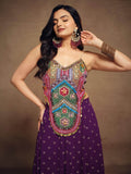 Gorgeous Purple Thread Work Georgette Festival Wear Crop Top Palazzo - Zeel Clothing