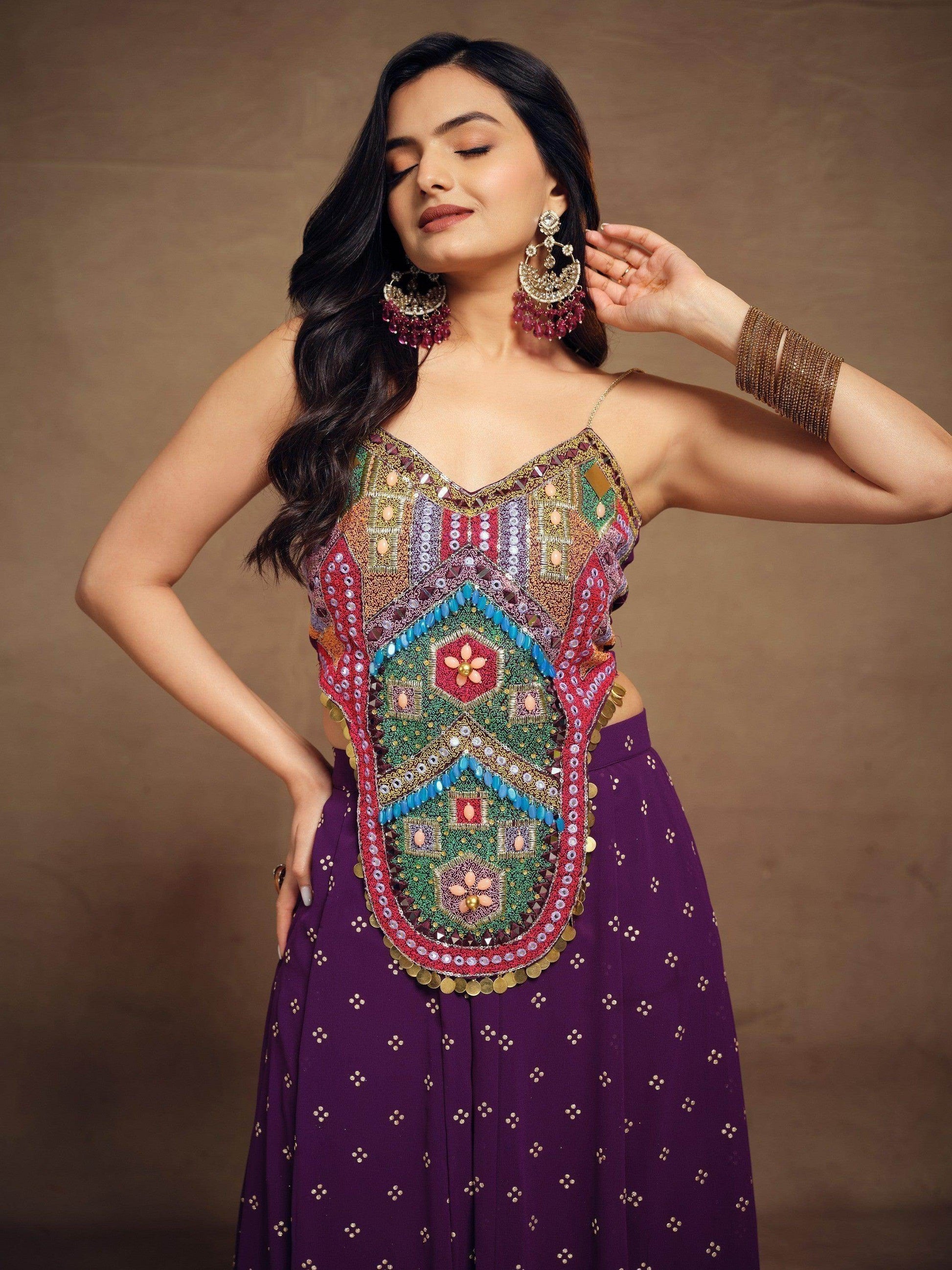 Gorgeous Purple Thread Work Georgette Festival Wear Crop Top Palazzo - Zeel Clothing