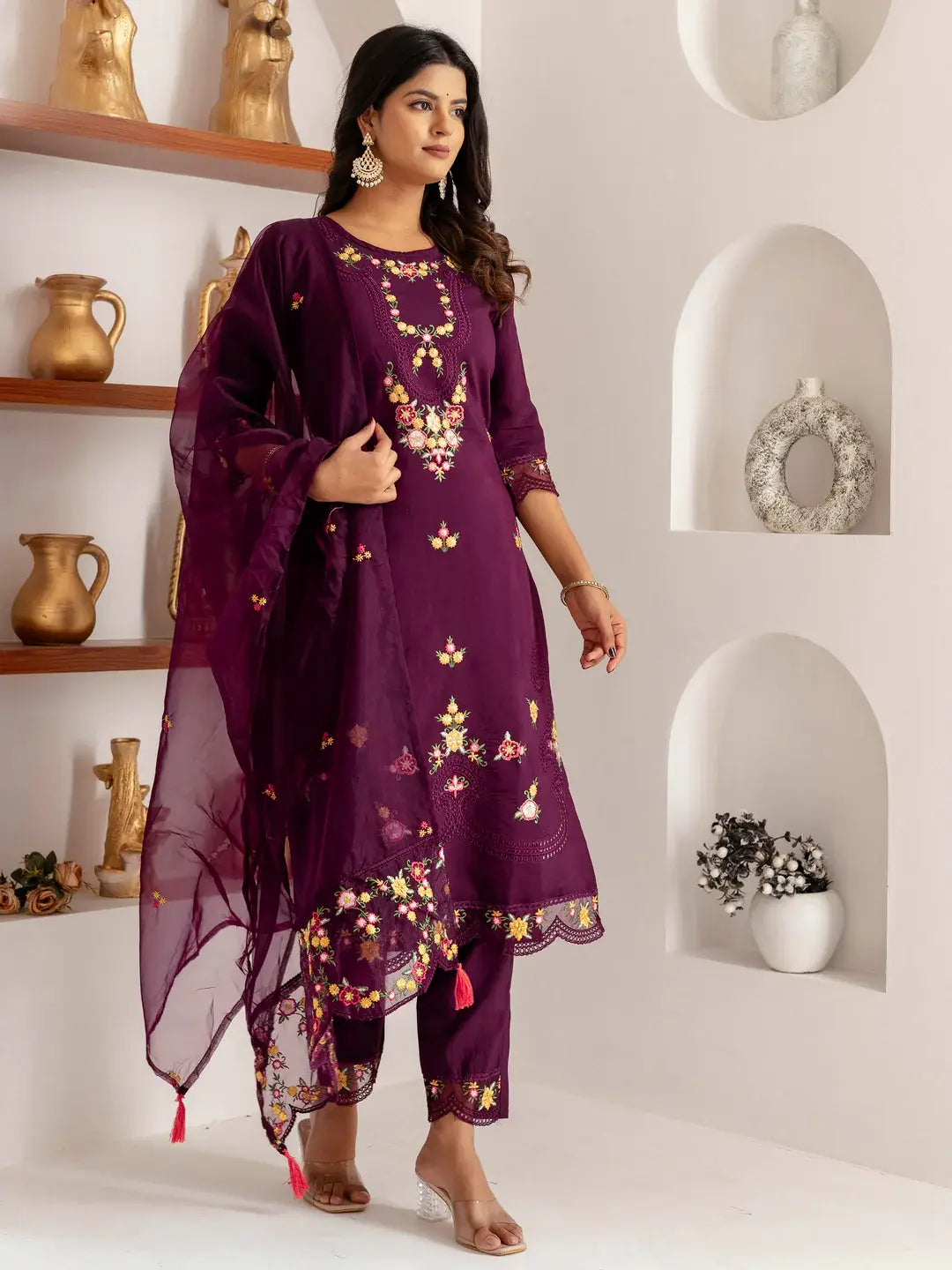 Gorgeous Purple Thread Work Viscose Silk Festive Wear Pant Suit - Zeel Clothing