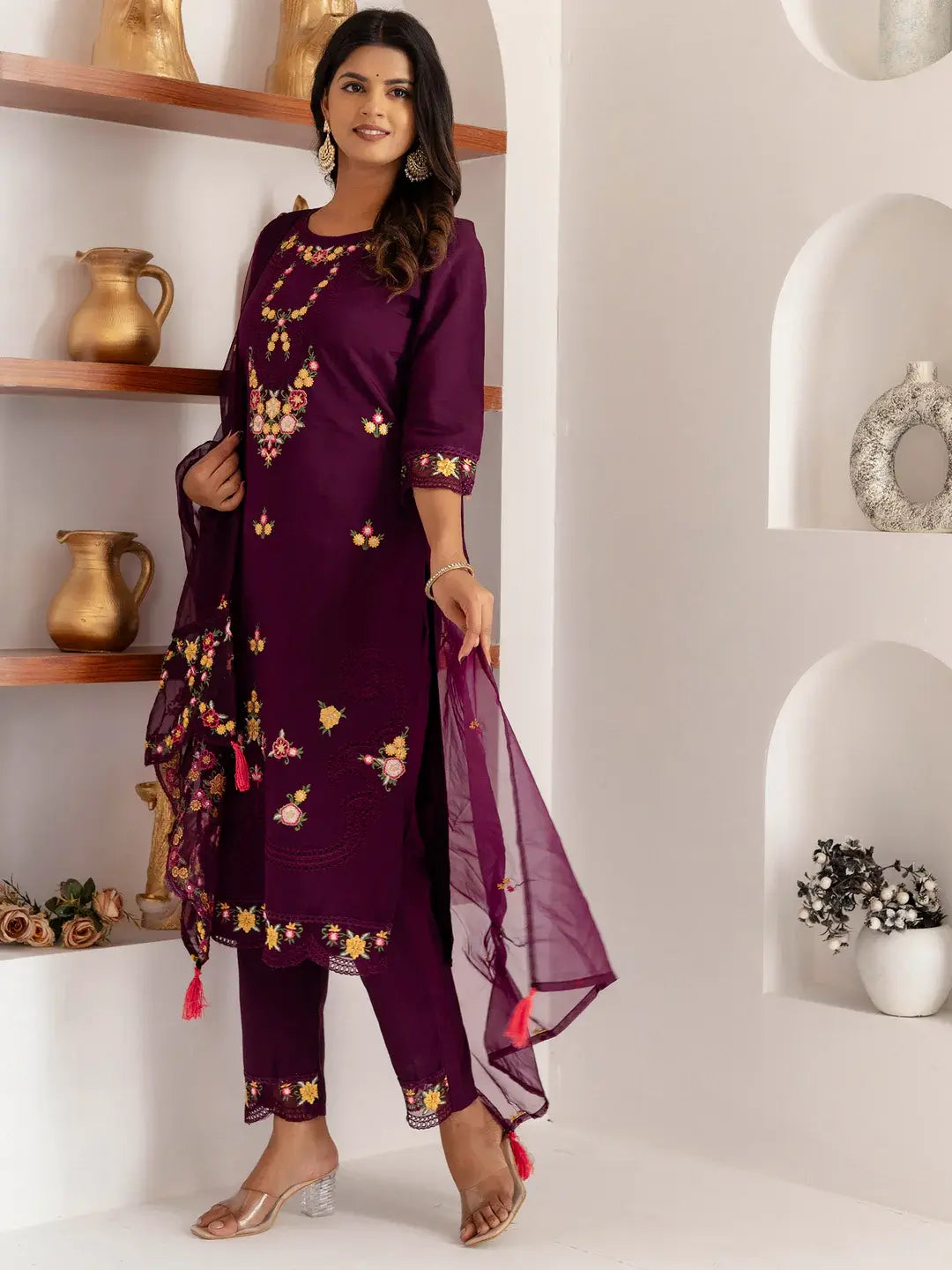Gorgeous Purple Thread Work Viscose Silk Festive Wear Pant Suit - Zeel Clothing