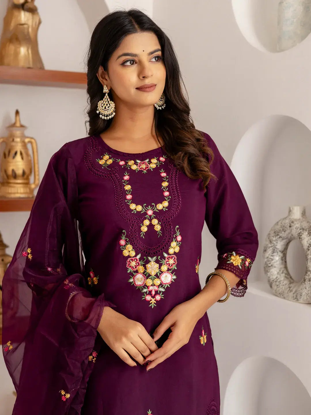 Gorgeous Purple Thread Work Viscose Silk Festive Wear Pant Suit - Zeel Clothing