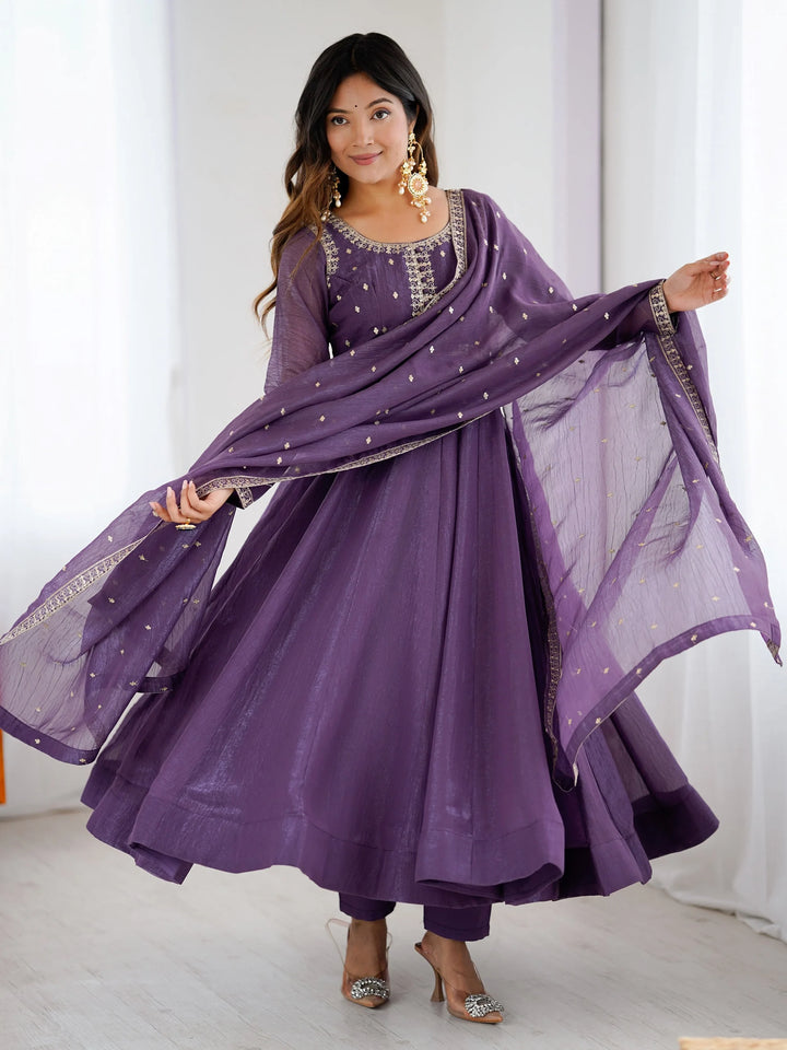 Gorgeous Purple Zari Embroidery Chanderi Event Wear Anarkali Gown With Dupatta