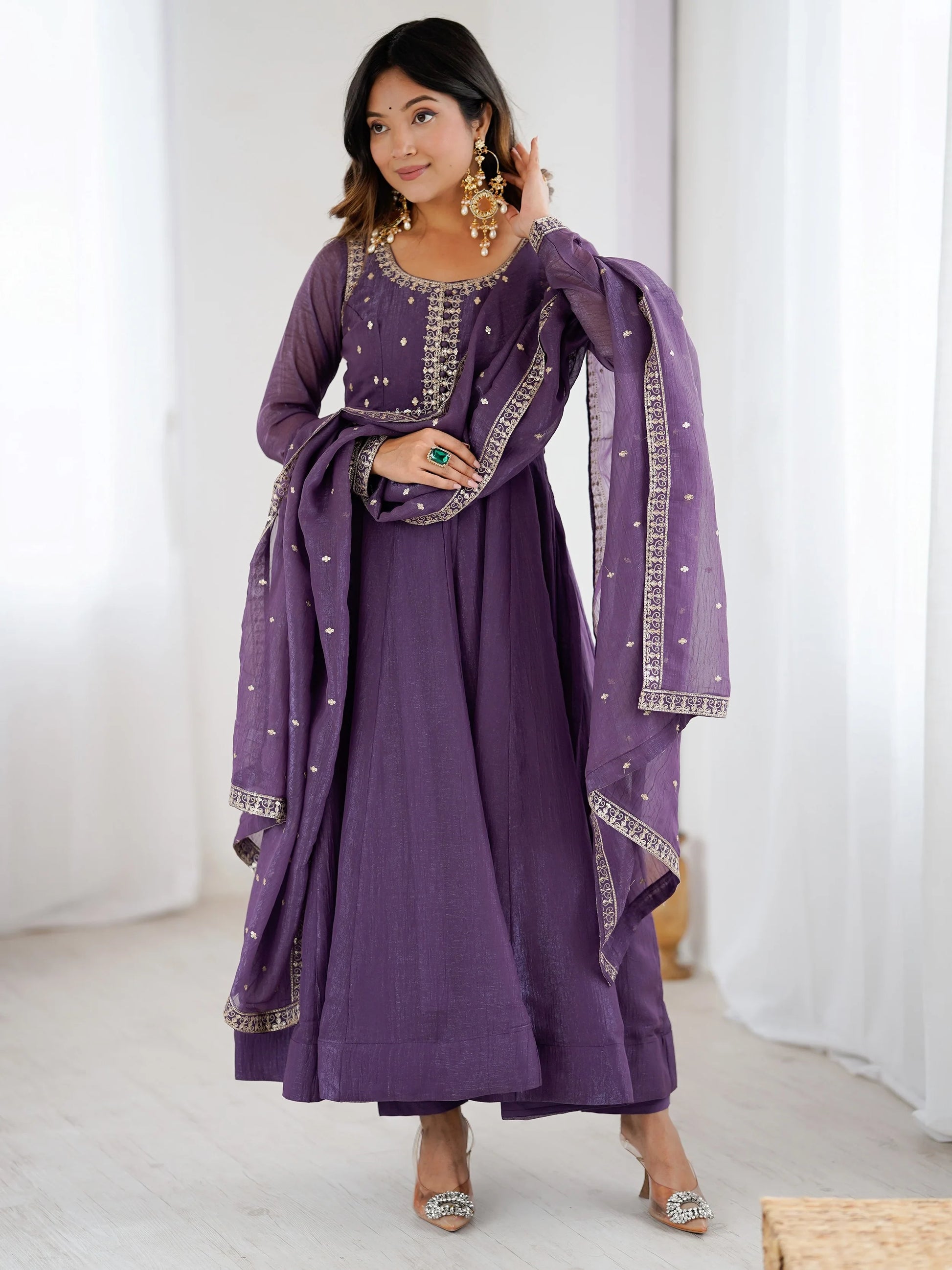 Gorgeous Purple Zari Embroidery Chanderi Event Wear Anarkali Gown With Dupatta