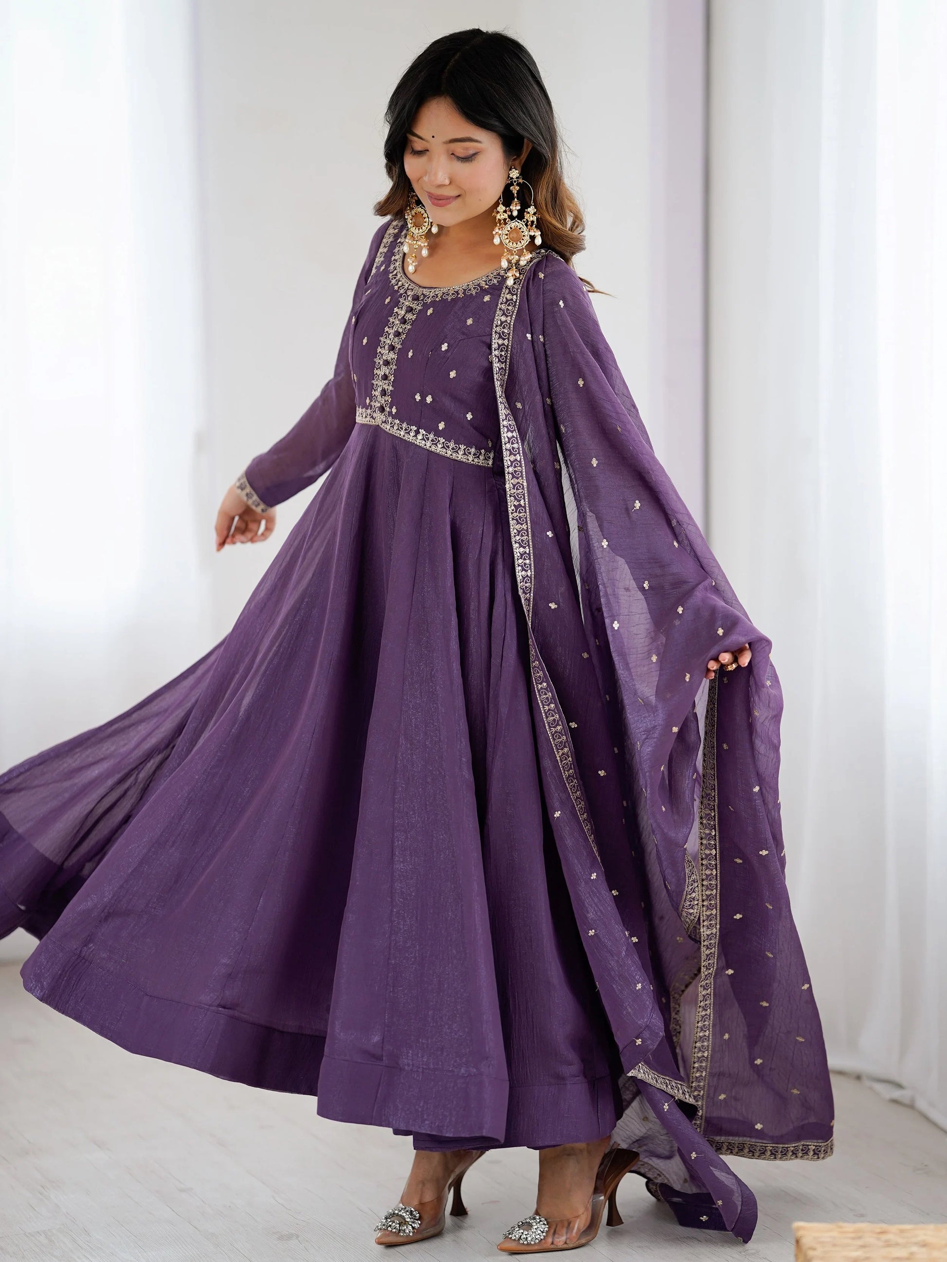 Gorgeous Purple Zari Embroidery Chanderi Event Wear Anarkali Gown With Dupatta
