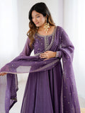Gorgeous Purple Zari Embroidery Chanderi Event Wear Anarkali Gown With Dupatta
