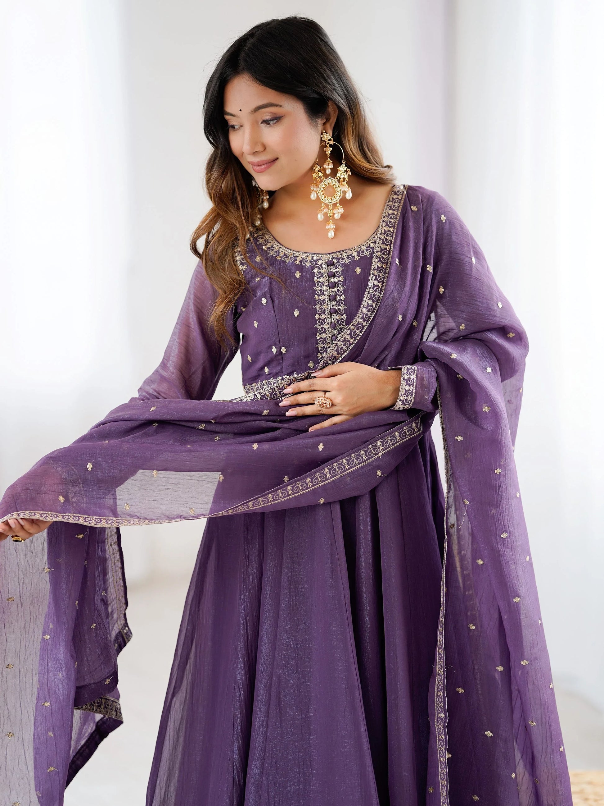 Gorgeous Purple Zari Embroidery Chanderi Event Wear Anarkali Gown With Dupatta